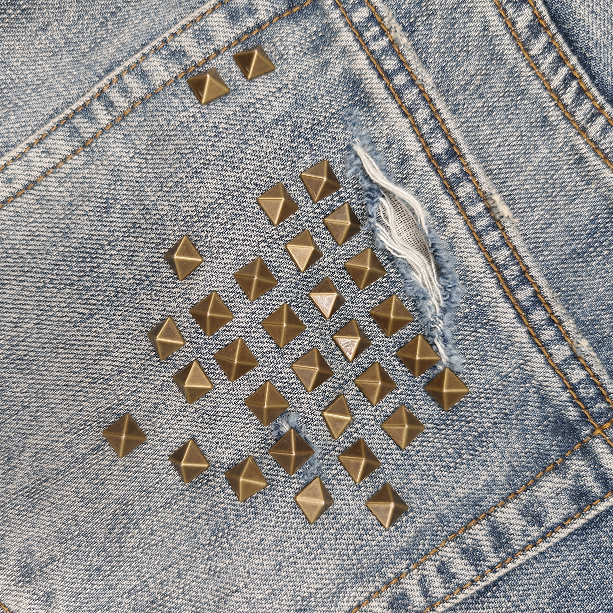 WANNA LAB Distressed Leopard Patch Studded Paint-Splattered Flared Jeans