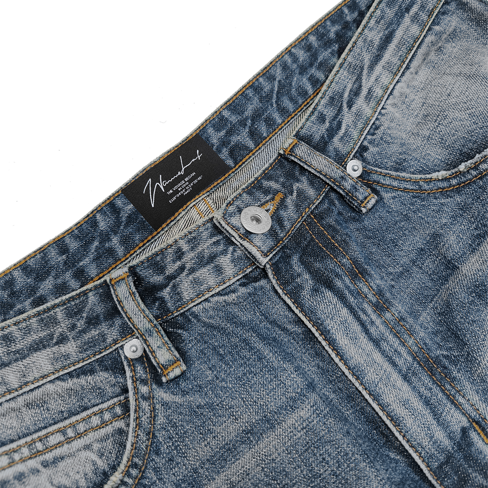 WANNA LAB Distressed Leopard Patch Studded Paint-Splattered Flared Jeans