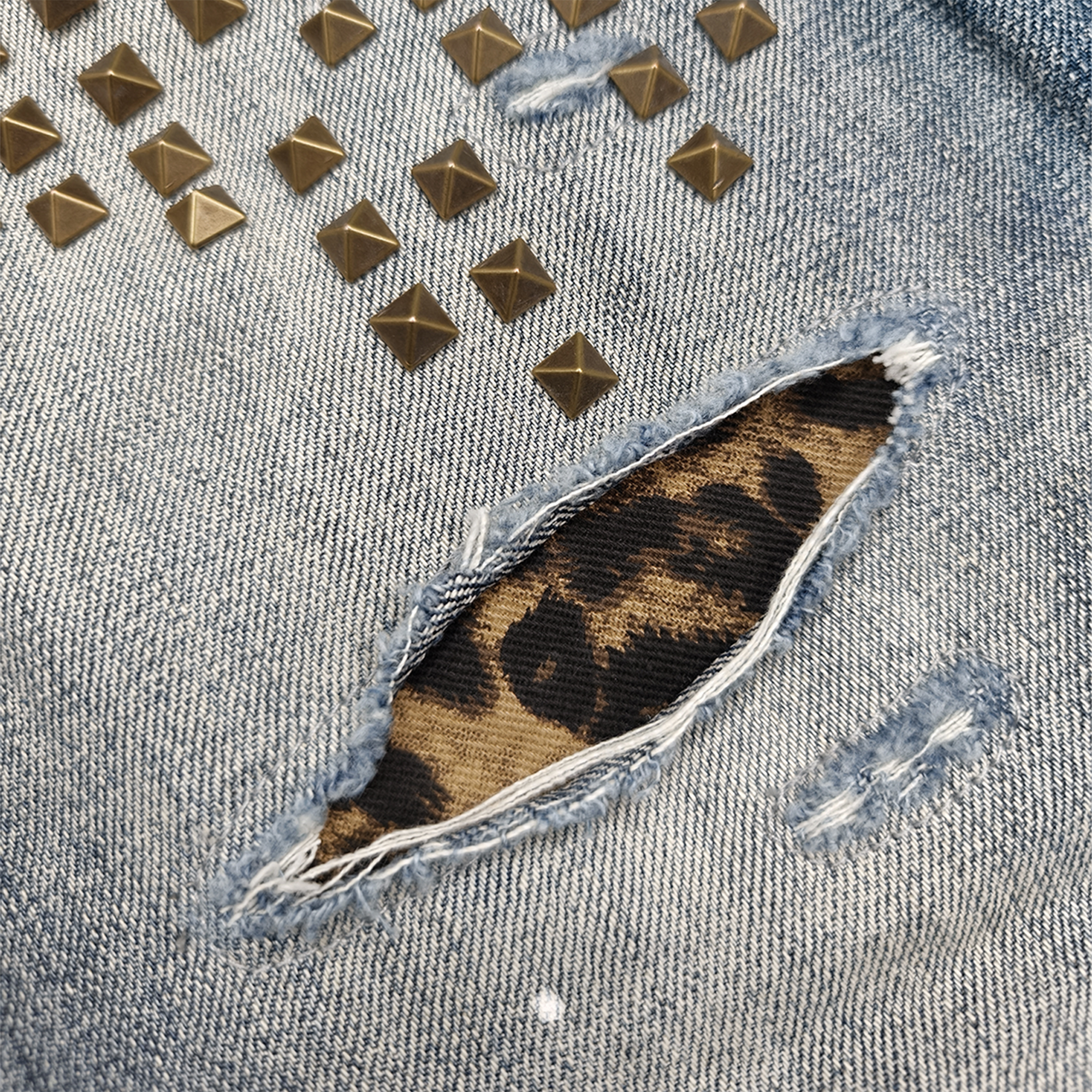 WANNA LAB Distressed Leopard Patch Studded Paint-Splattered Flared Jeans