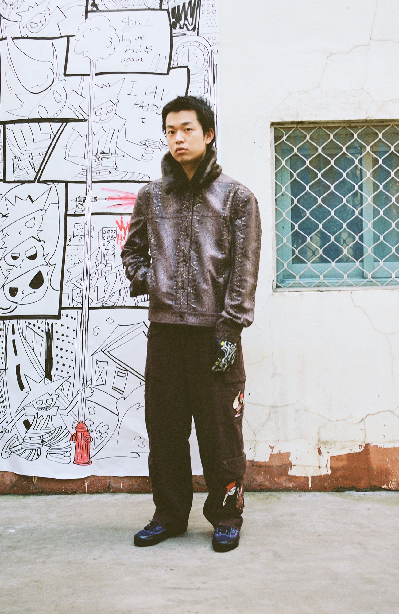 YANLI Fur-Collar Spliced Faux Leather Jacket