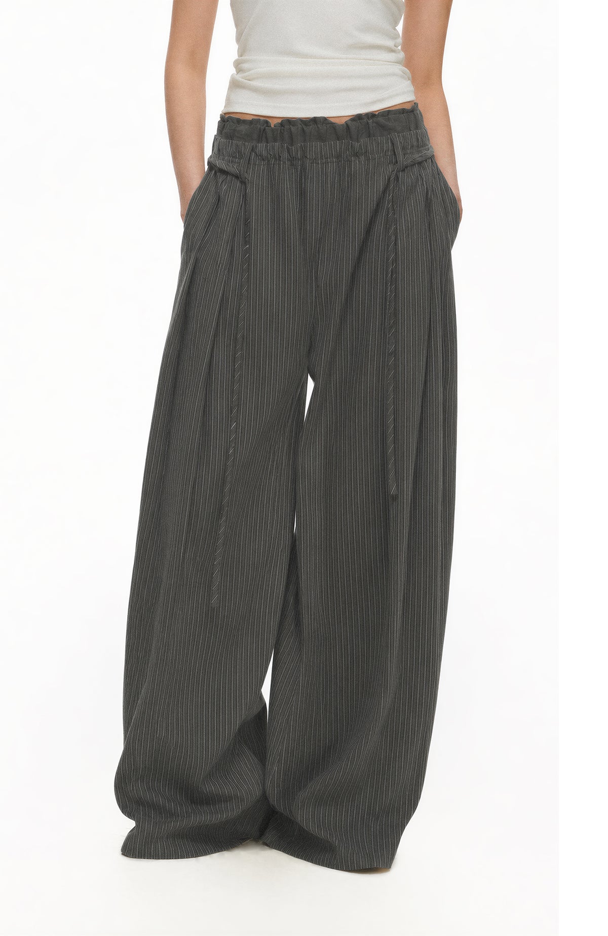 TGNS Ruched Double-Waist Striped Pleated Wide-Leg Trousers