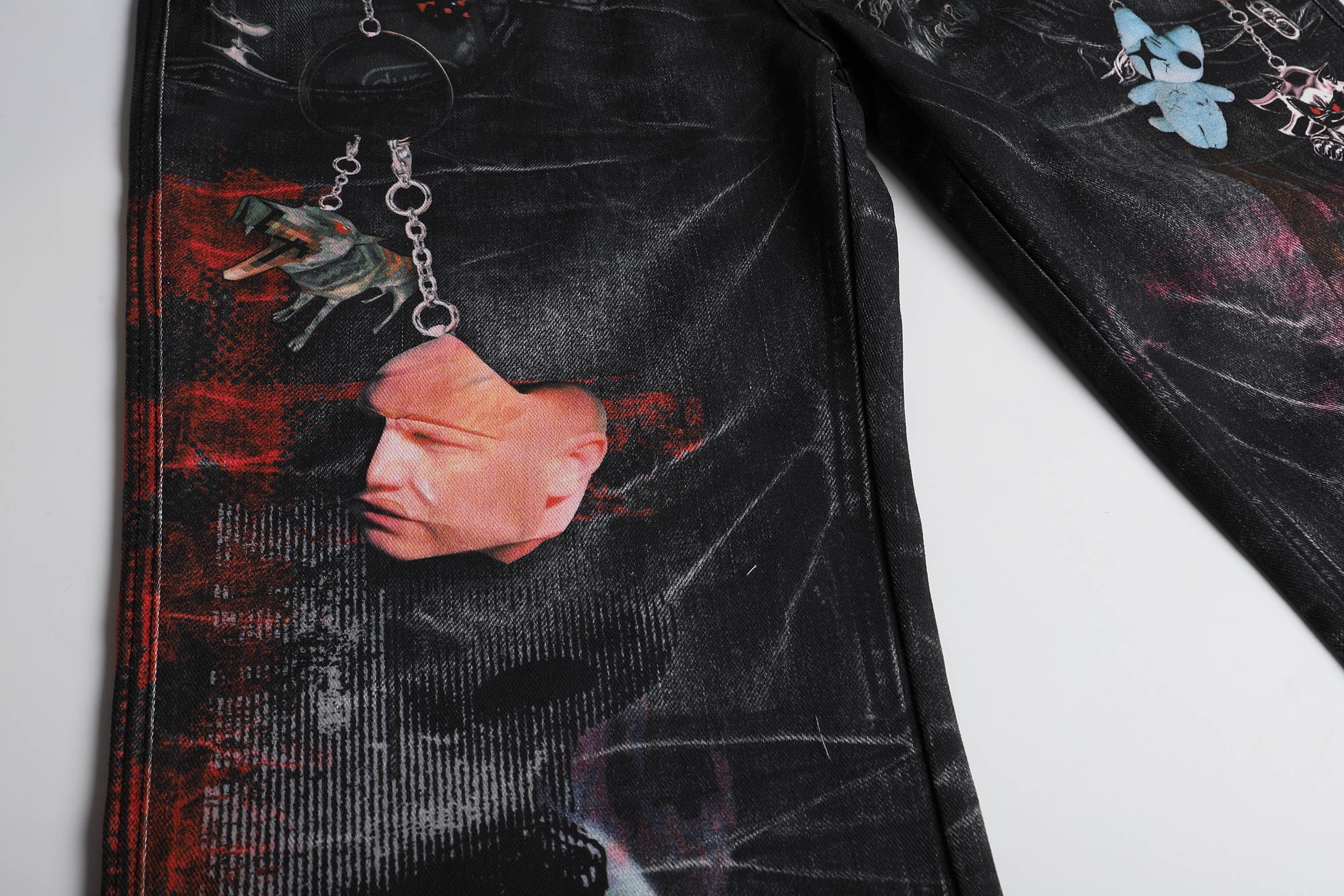 DND4DES Distressed Cyber Virus Flared Jeans, premium urban and streetwear designers apparel on PROJECTISR.com, DND4DES