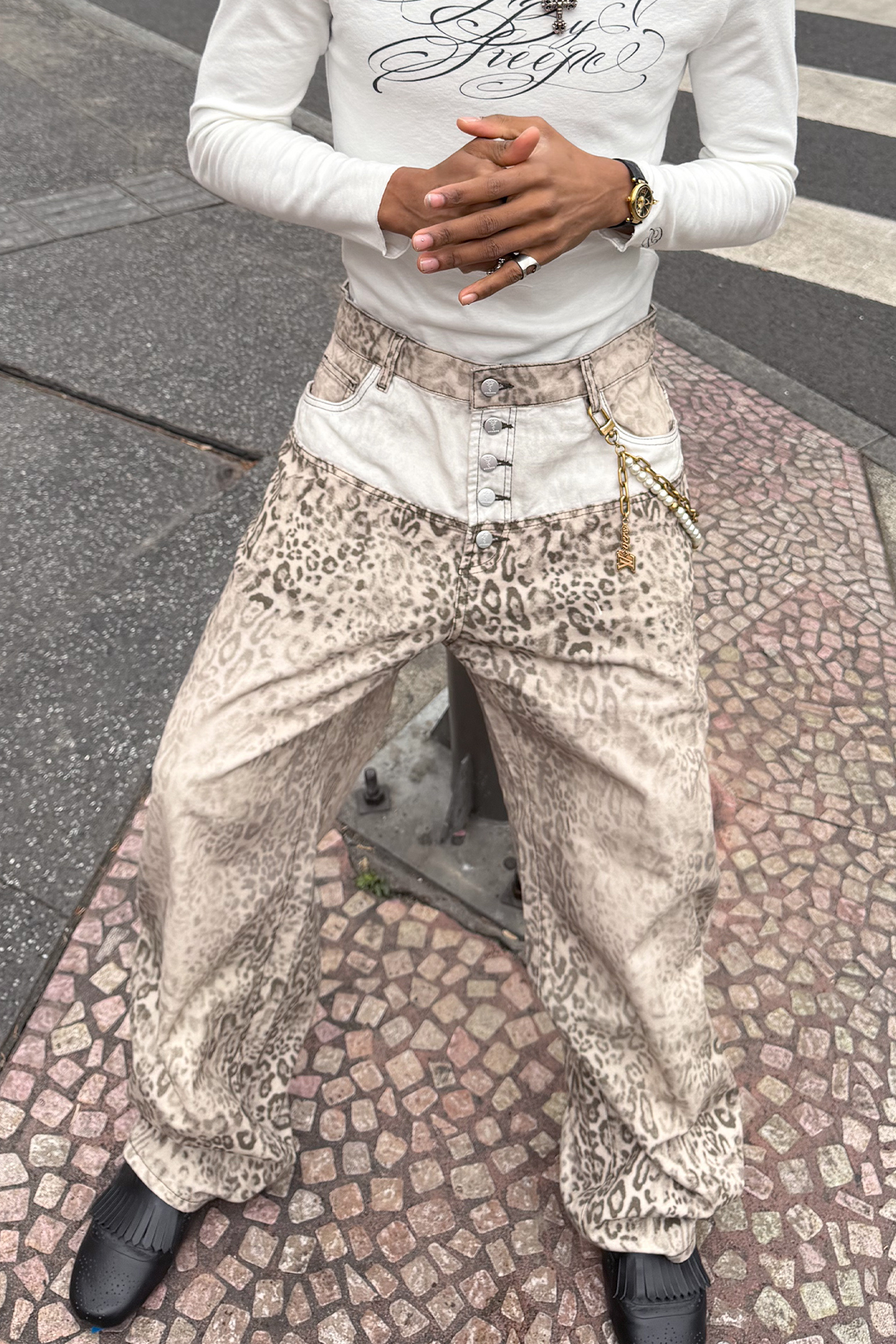 STEEPC Leopard Washed Paneled Wide-Leg Pants, premium urban and streetwear designers apparel on PROJECTISR.com, STEEPC