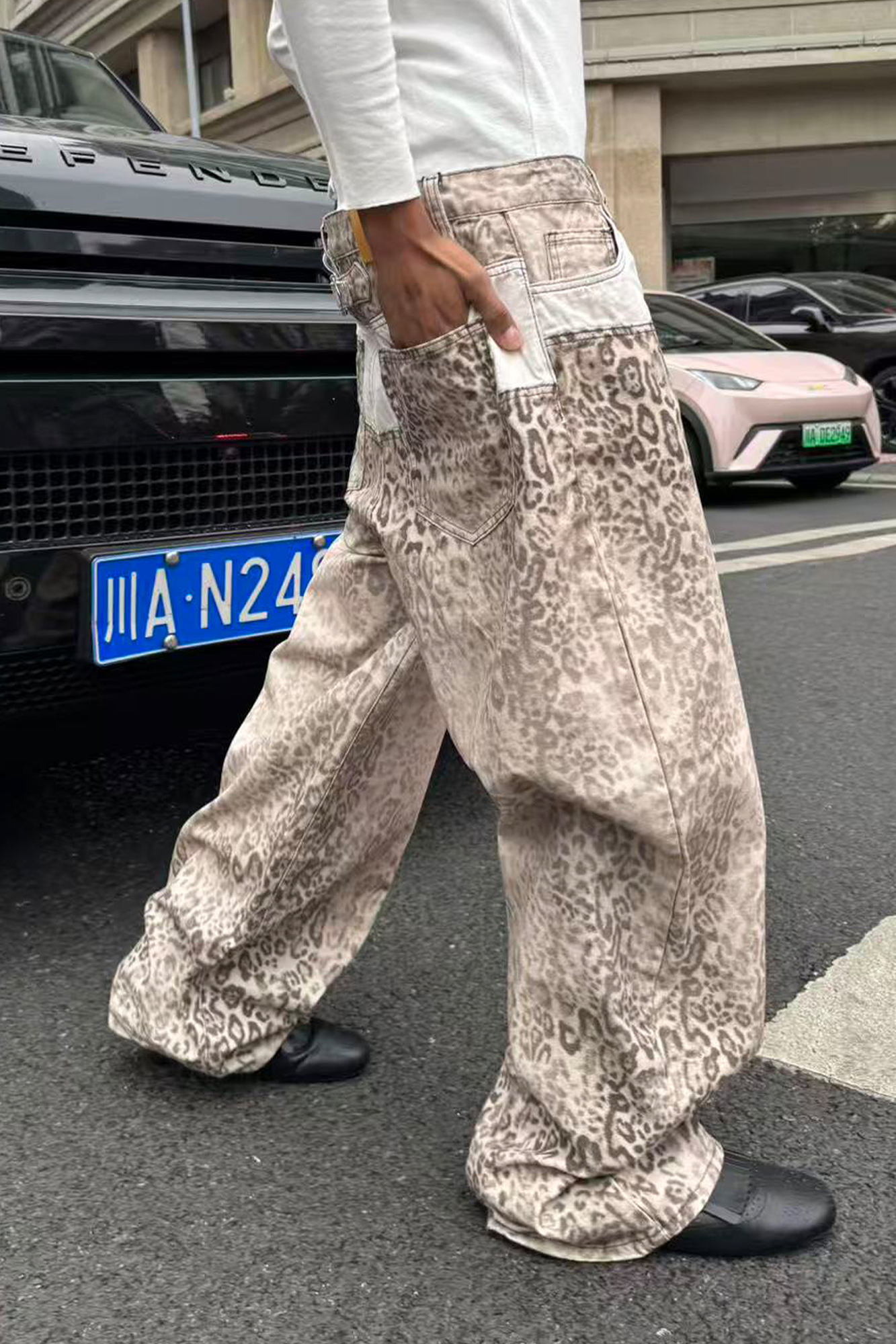 STEEPC Leopard Washed Paneled Wide-Leg Pants, premium urban and streetwear designers apparel on PROJECTISR.com, STEEPC