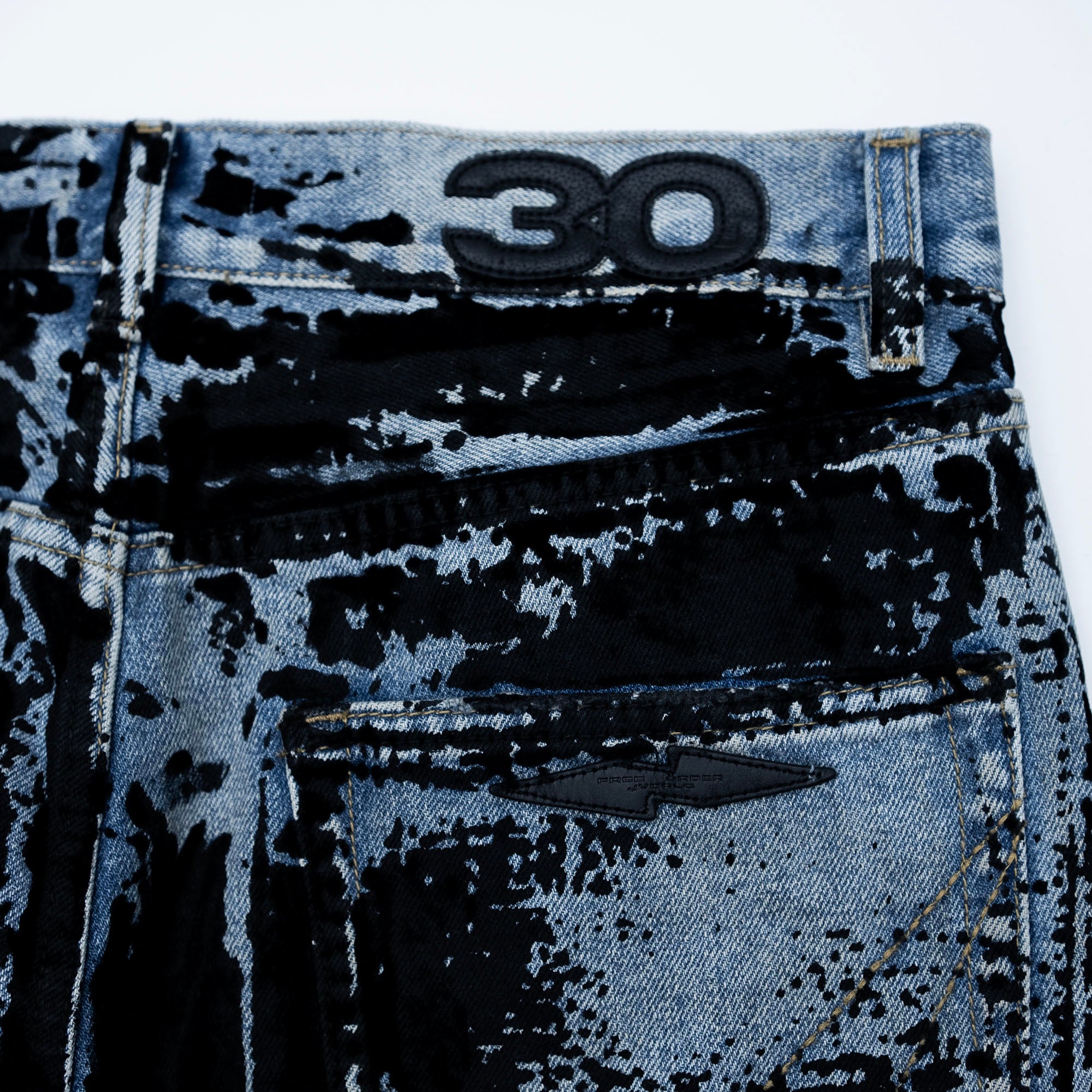 FVVO Distressed Flocked Slant Fly Jeans