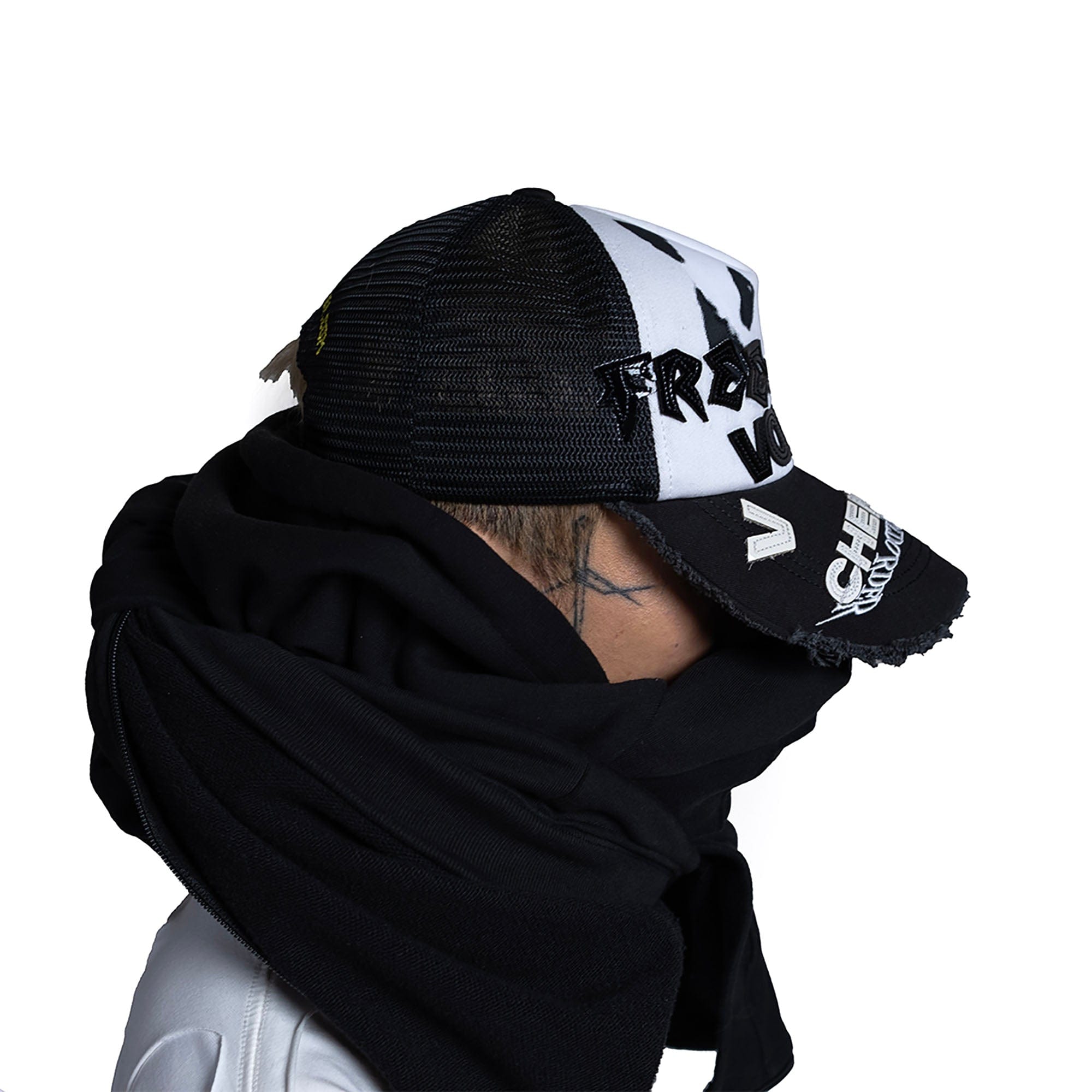 FVVO Panda Patchwork Frayed Mesh Cap, premium urban and streetwear designers apparel on PROJECTISR.com, FVVO