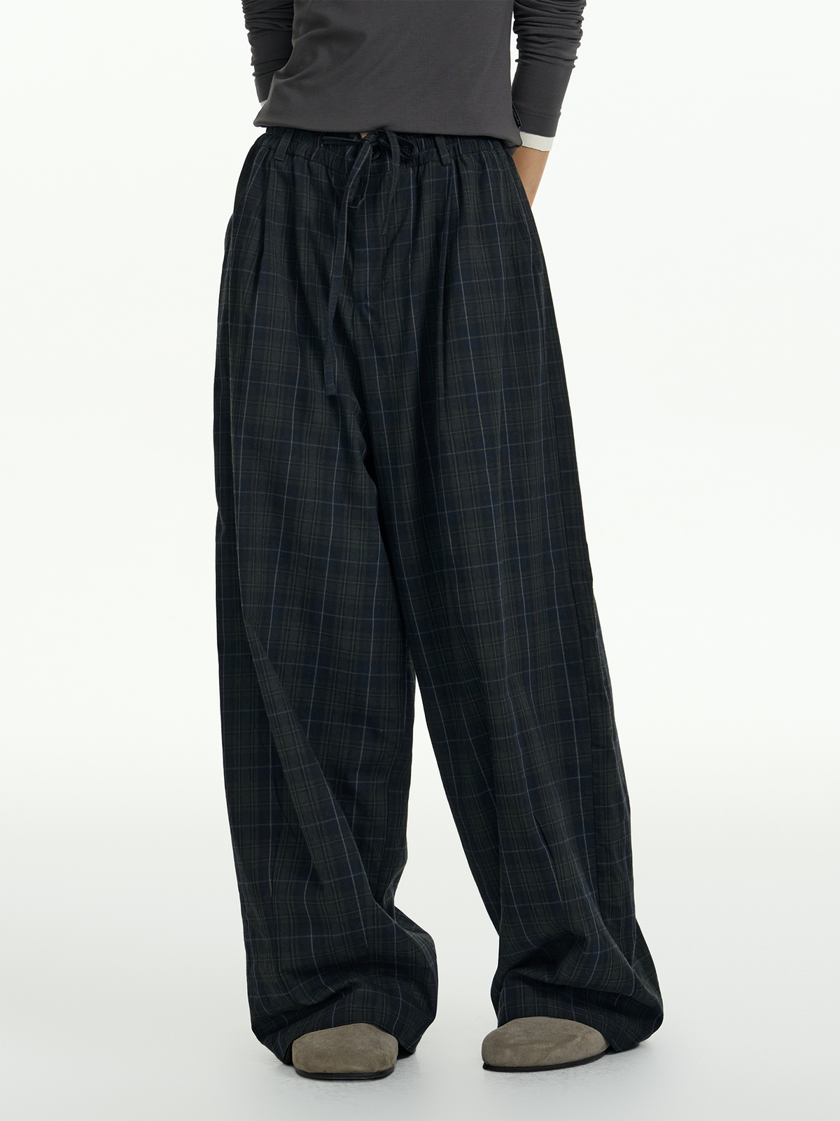 TGNS Plaid Pleated Wide-Leg Trousers