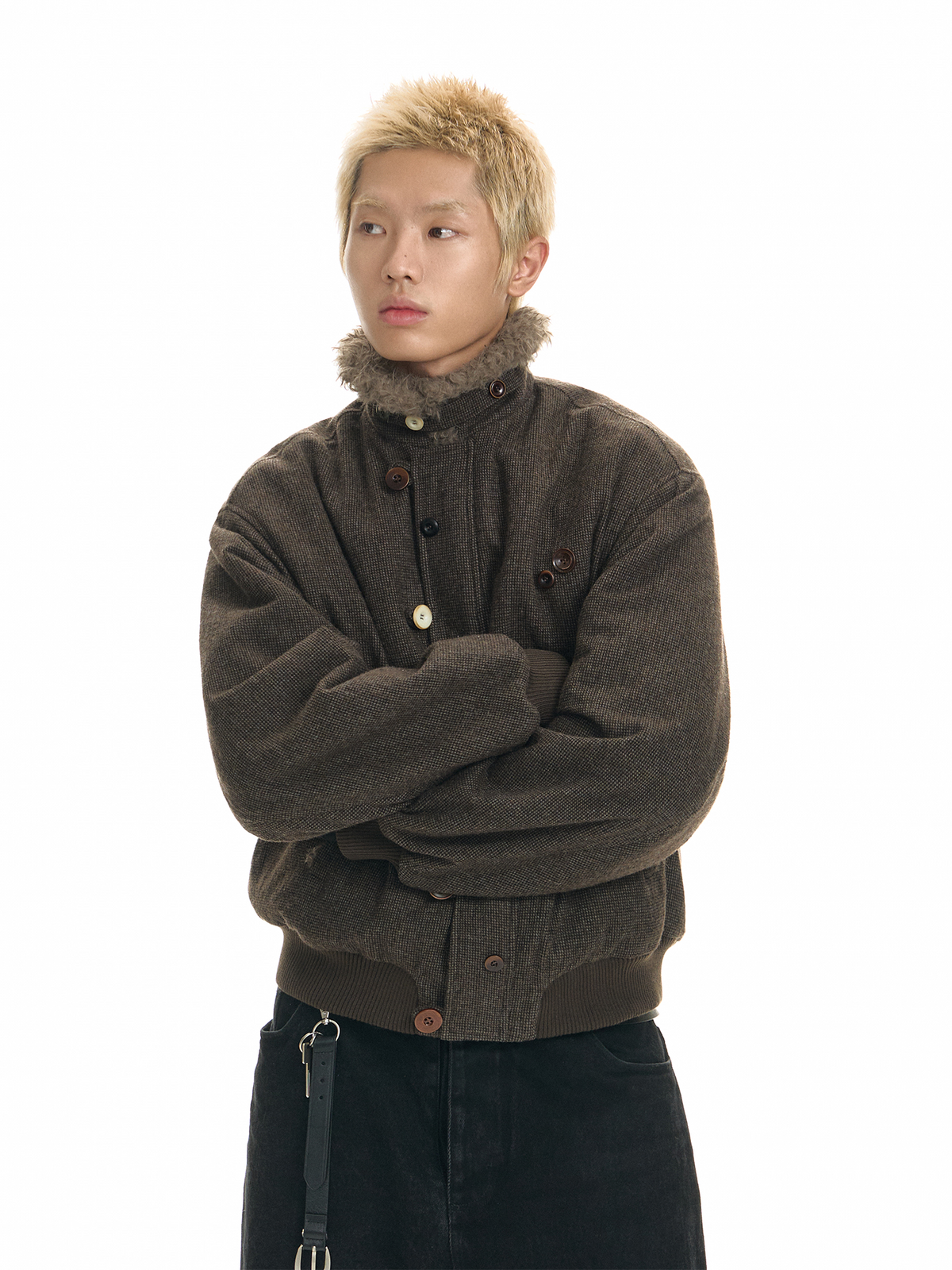 TGNS Striped Faux Fur Collar Cotton-Padded Jacket
