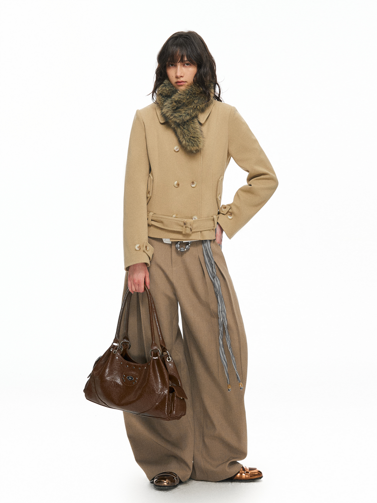 TGNS Pleated Curved Wide-Leg Trousers