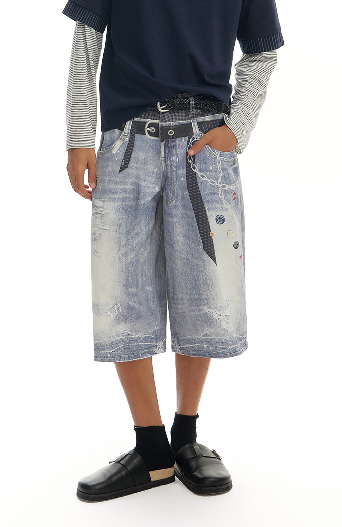 TGNS Trompe-l'œil Distressed Double-Waist Jorts