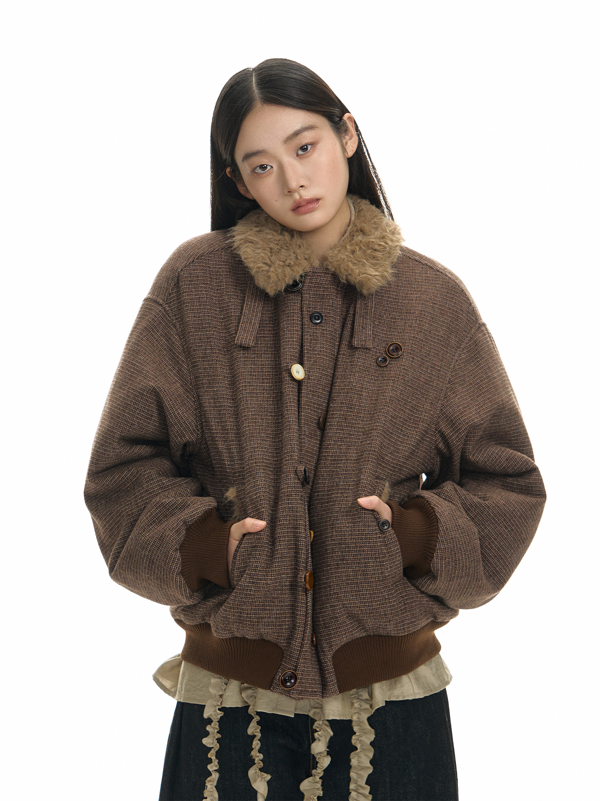 TGNS Striped Faux Fur Collar Cotton-Padded Jacket