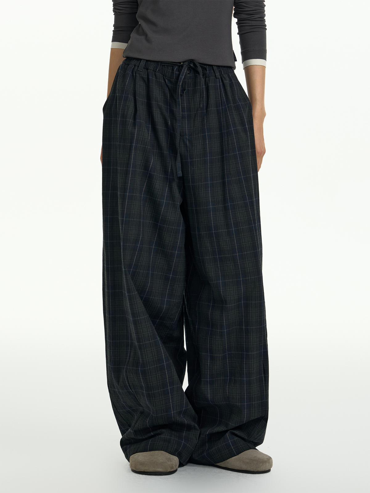 TGNS Plaid Pleated Wide-Leg Trousers