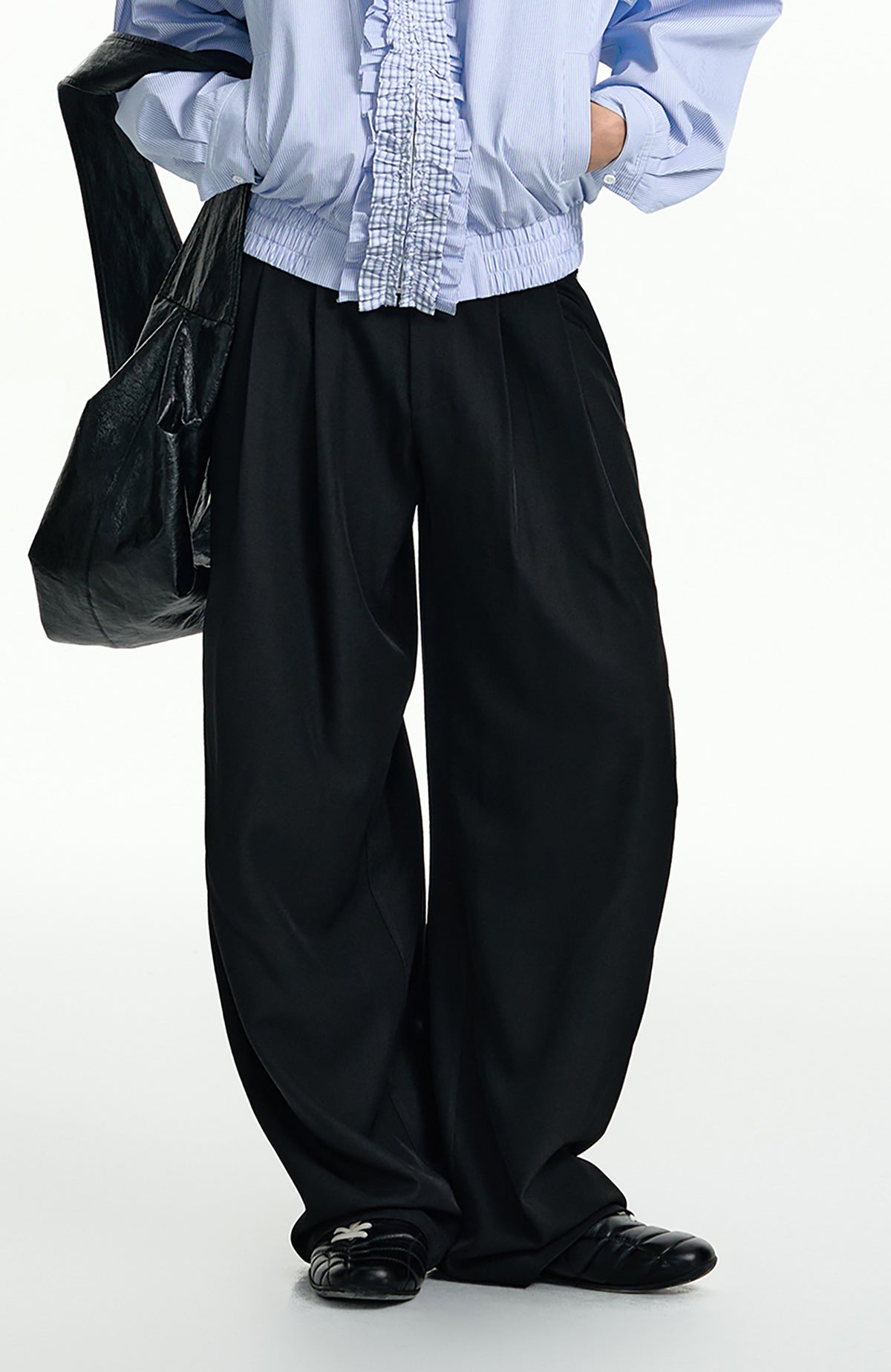 TGNS Elastic Waistband Pleated Wide-Leg Trousers