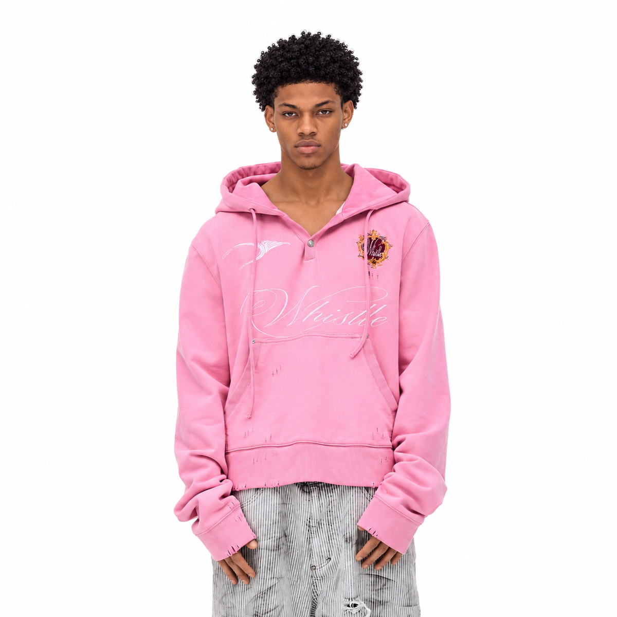 WHISTLEHUNTER Distressed Embroidered V-Neck Hoodie