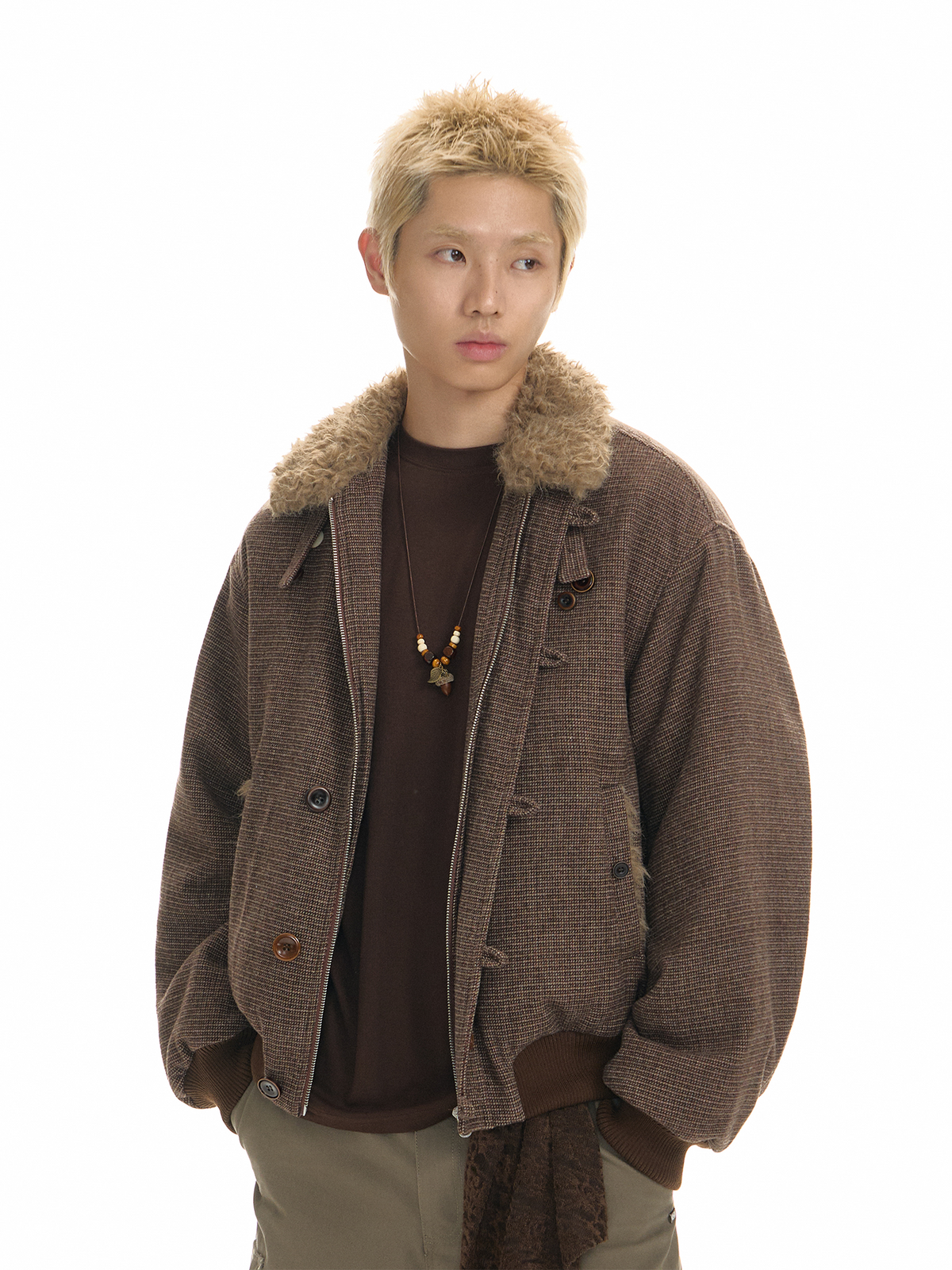 TGNS Striped Faux Fur Collar Cotton-Padded Jacket