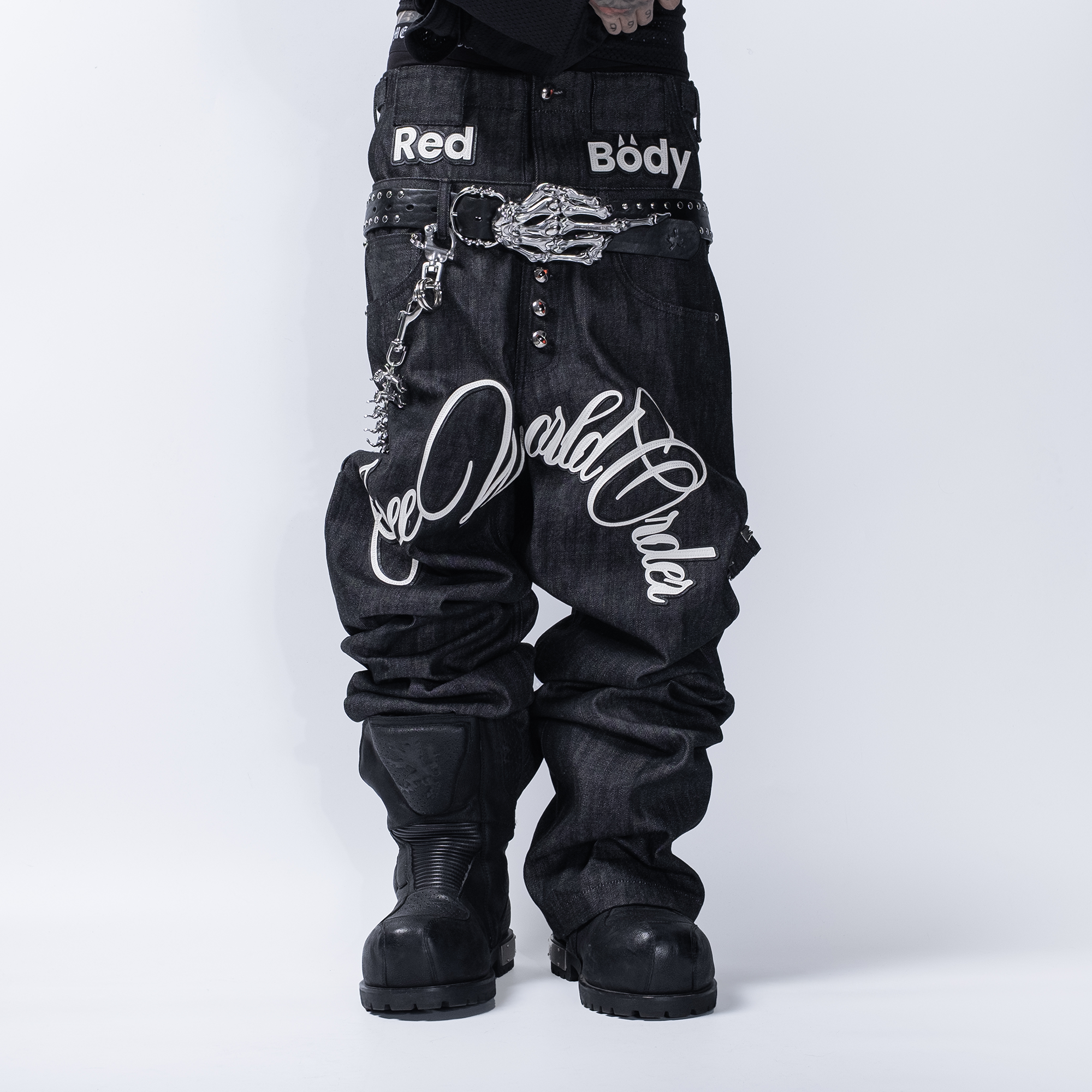 FVVO Layered-Waist Patterned Studded Jeans