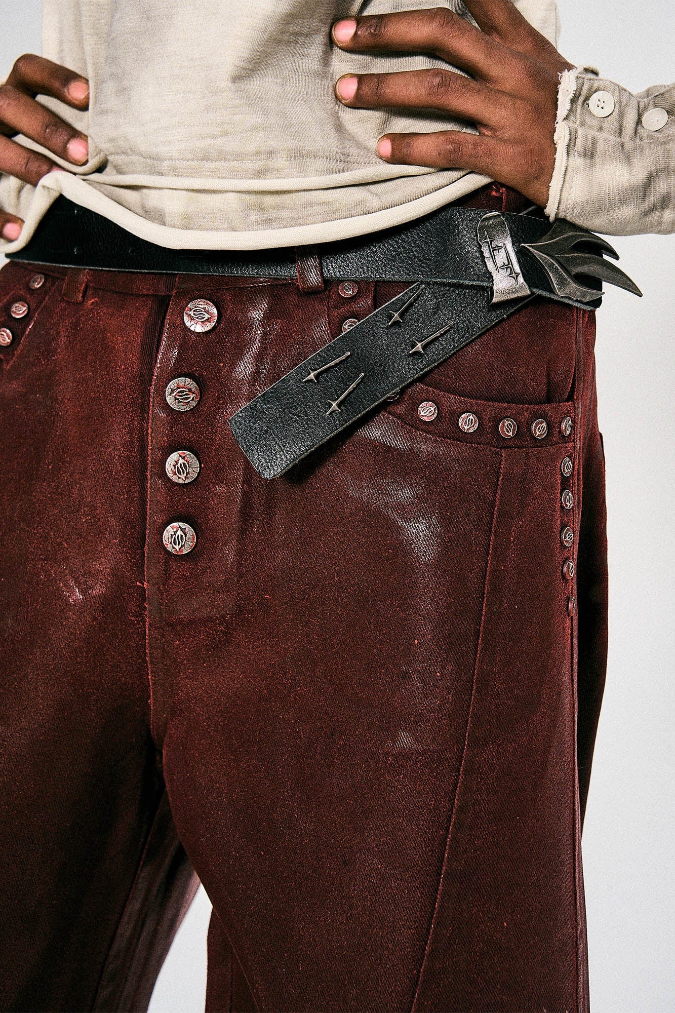 FLYERRER Waxed Spliced Studded Flared Pants, premium urban and streetwear designers apparel on PROJECTISR.com, FLYERRER