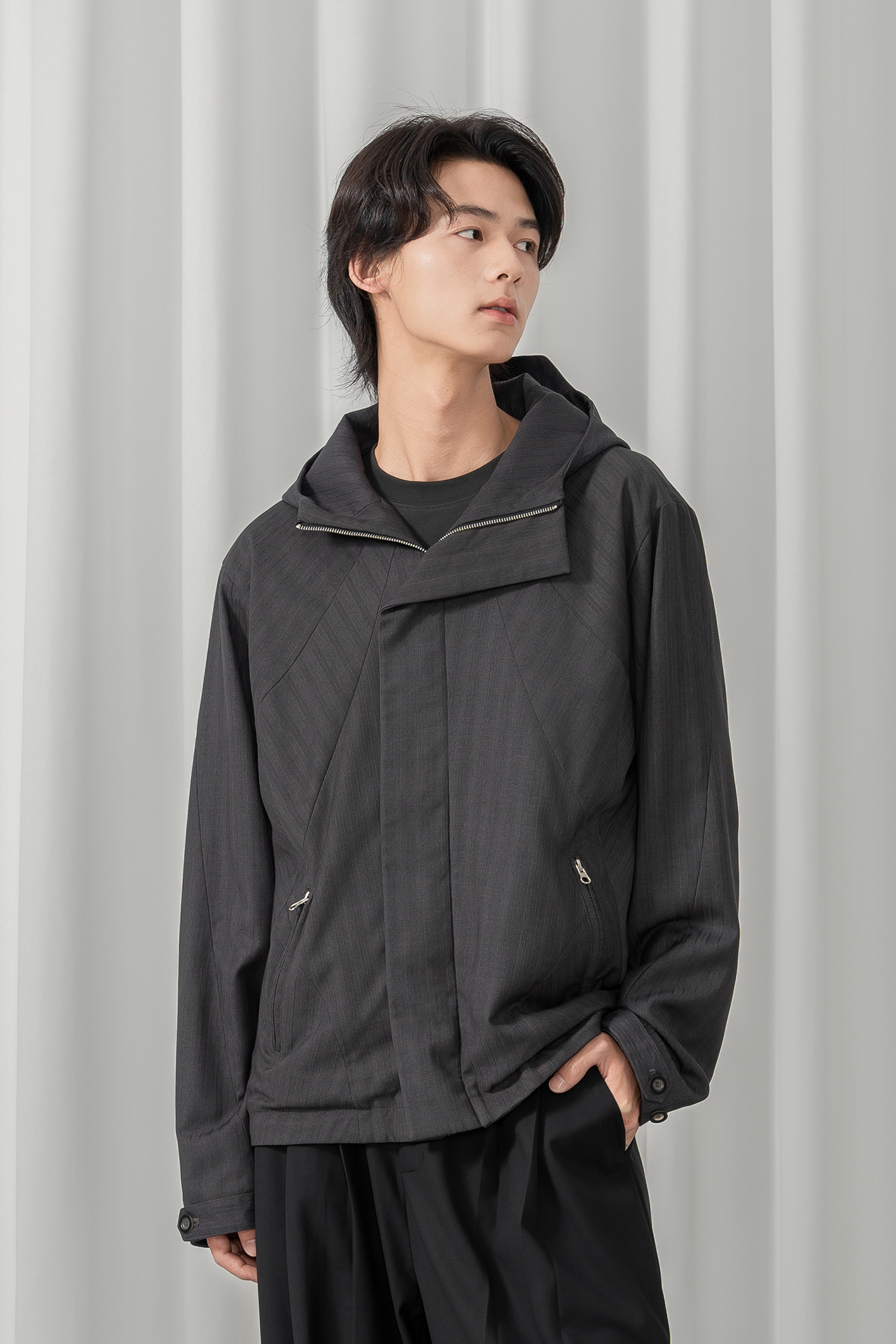 MOITIEDEPETALE Striped Magnetic-Front Hooded Coat