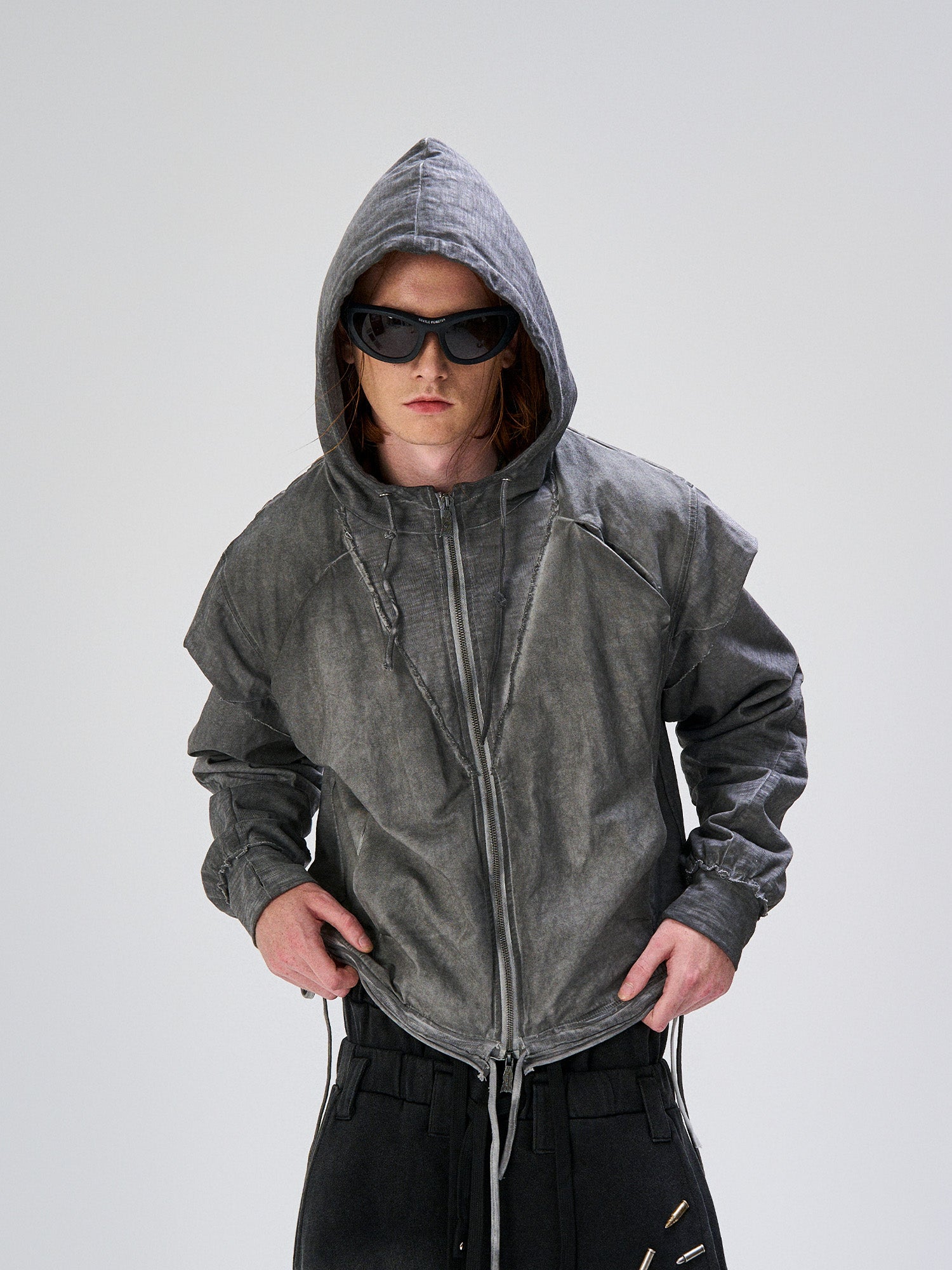 FLYERRER Distressed Layered Drawstring Hooded Jacket, premium urban and streetwear designers apparel on PROJECTISR.com, FLYERRER