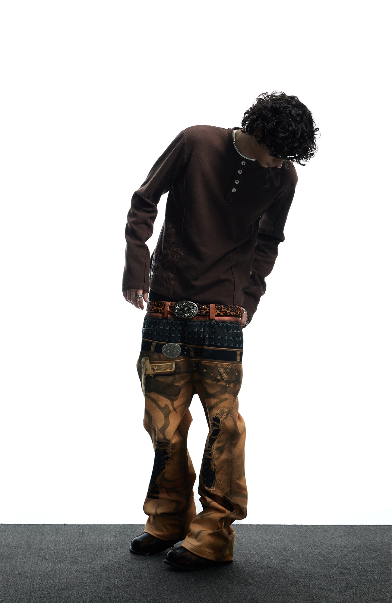 DND4DES Distressed Print Double-Waist Flare Jeans Khaki, premium urban and streetwear designers apparel on PROJECTISR.com, DND4DES