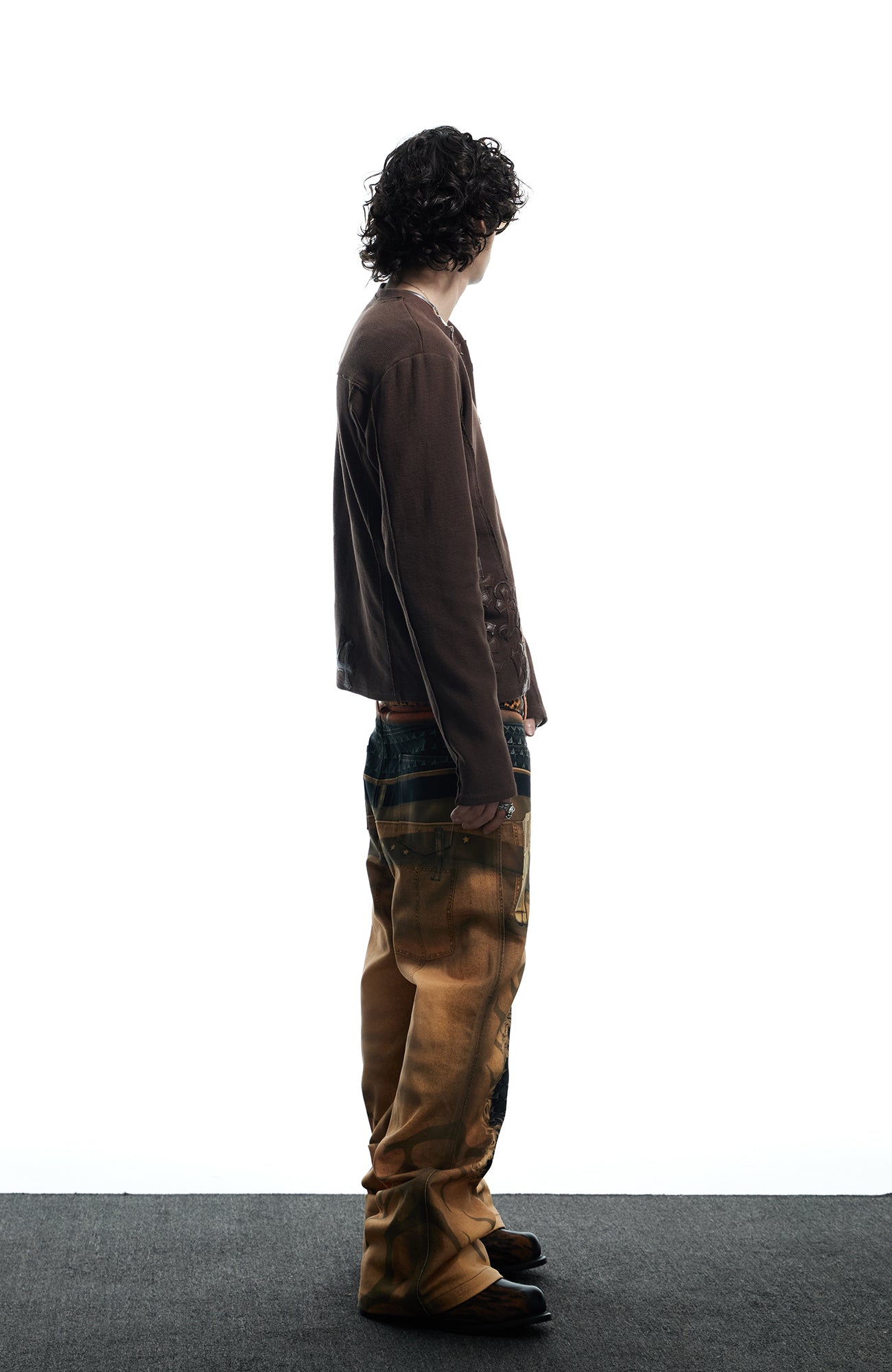 DND4DES Distressed Print Double-Waist Flare Jeans Khaki, premium urban and streetwear designers apparel on PROJECTISR.com, DND4DES