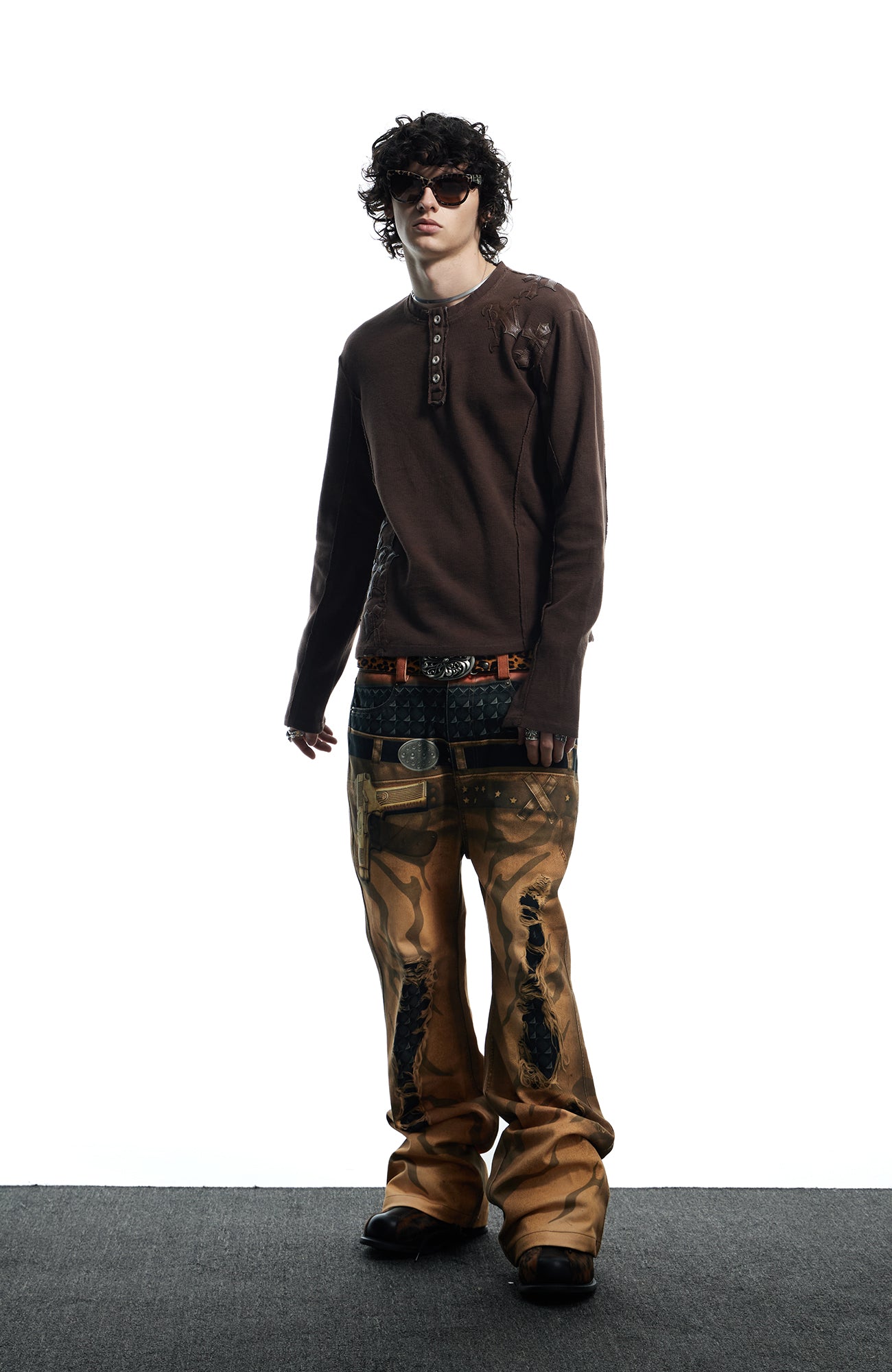 DND4DES Distressed Print Double-Waist Flare Jeans Khaki, premium urban and streetwear designers apparel on PROJECTISR.com, DND4DES