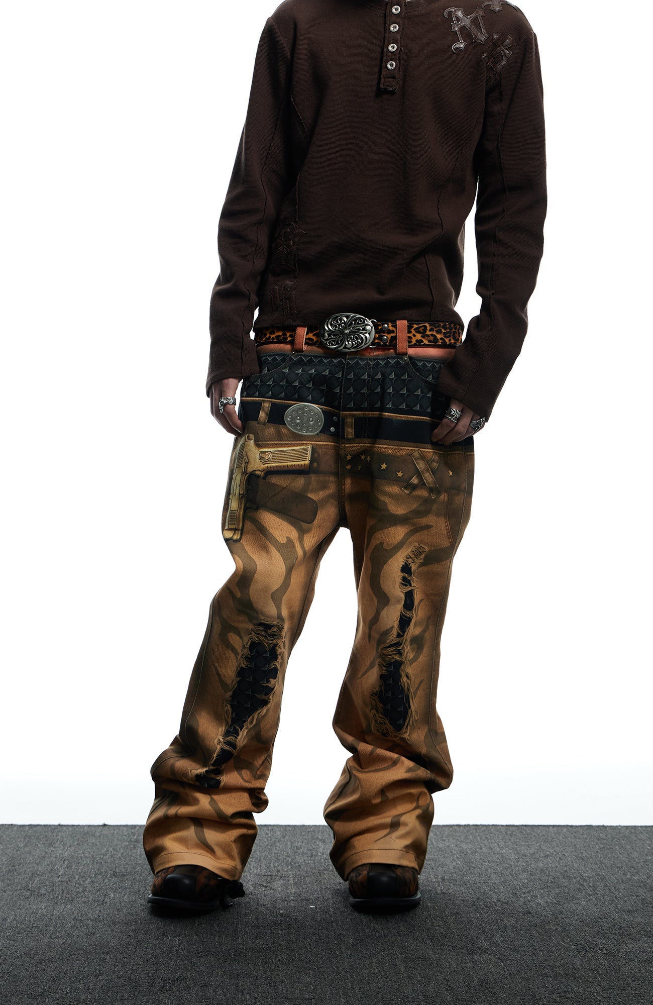 DND4DES Distressed Print Double-Waist Flare Jeans Khaki, premium urban and streetwear designers apparel on PROJECTISR.com, DND4DES