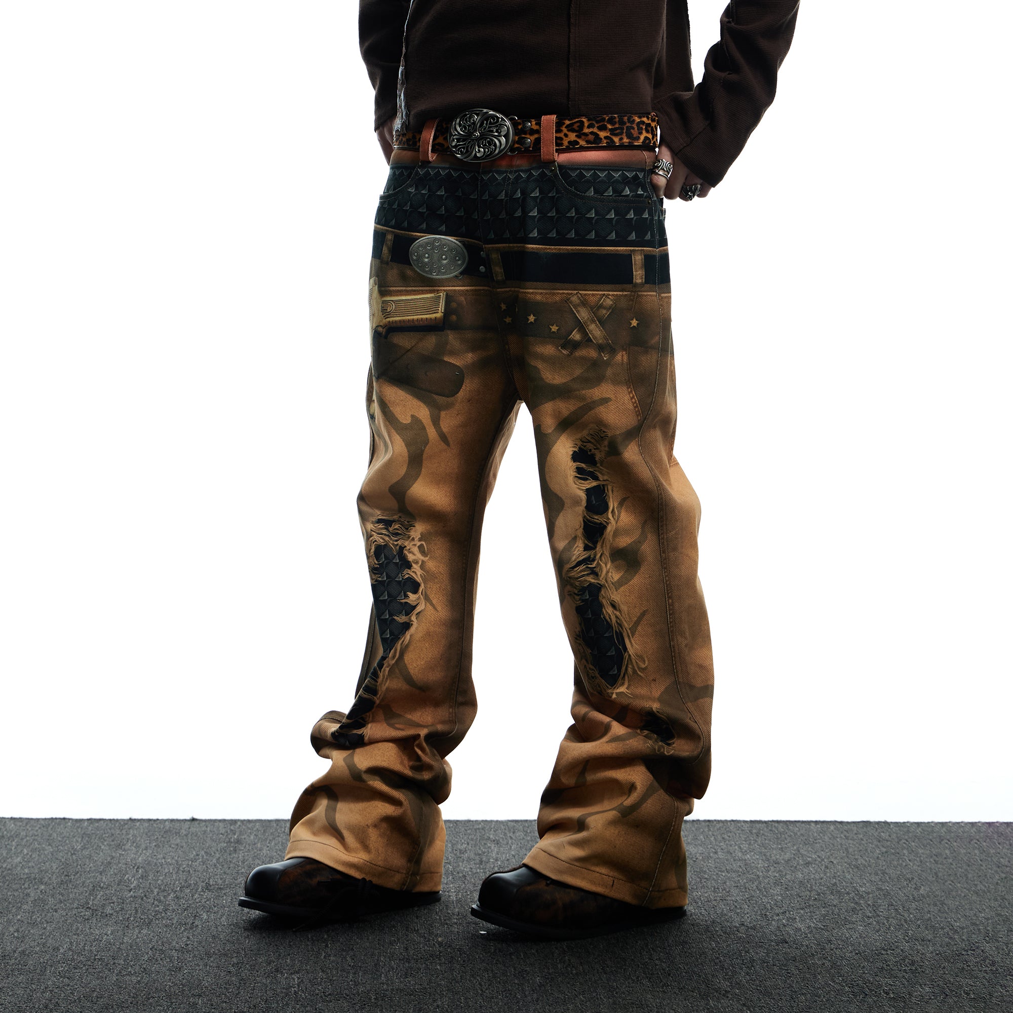 DND4DES Distressed Print Double-Waist Flare Jeans Khaki, premium urban and streetwear designers apparel on PROJECTISR.com, DND4DES