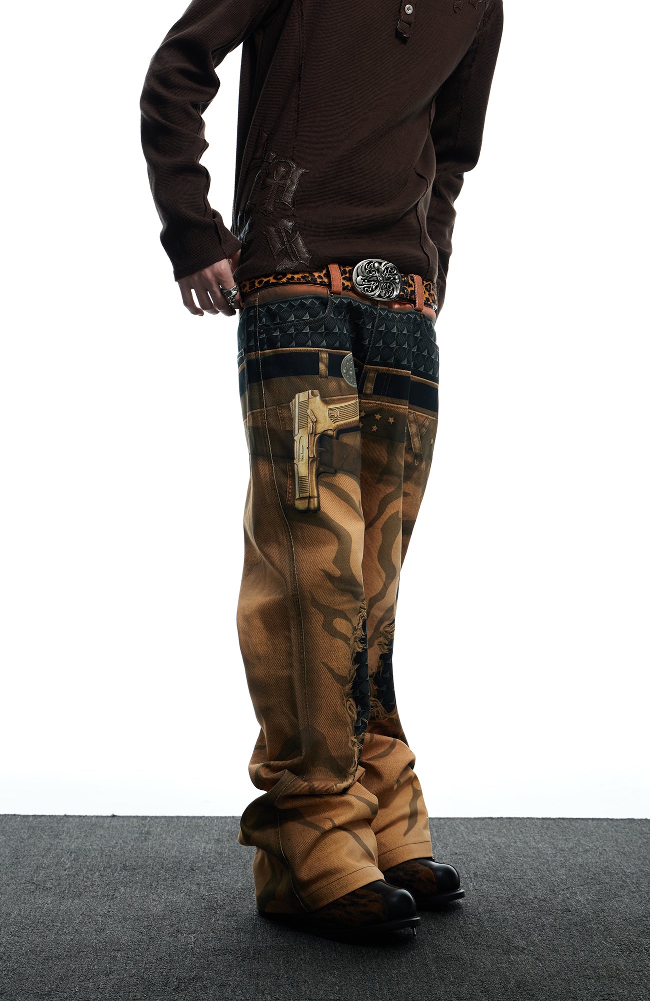 DND4DES Distressed Print Double-Waist Flare Jeans Khaki, premium urban and streetwear designers apparel on PROJECTISR.com, DND4DES