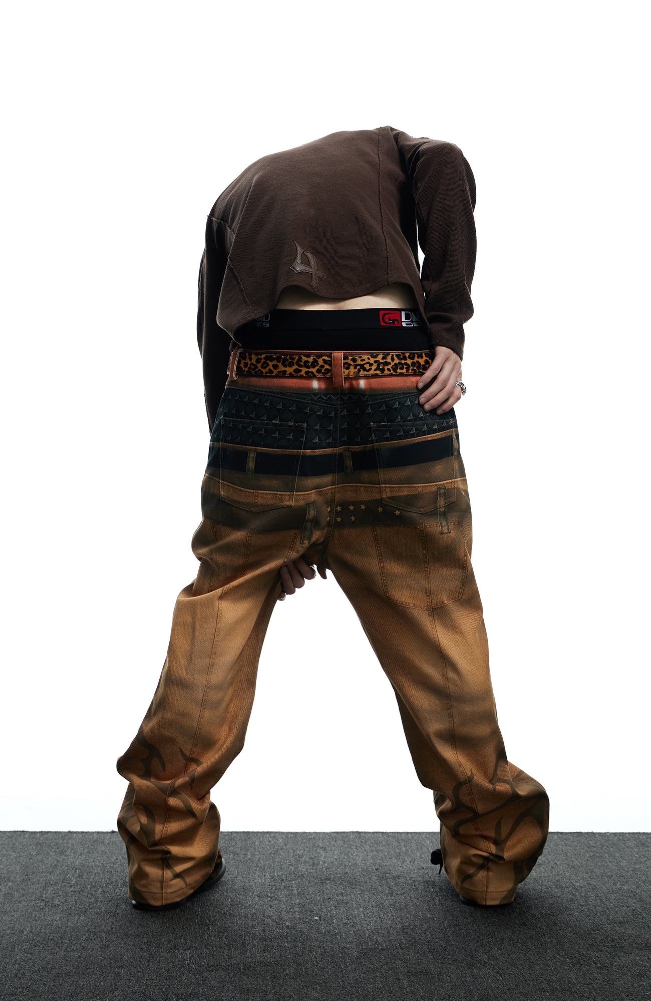 DND4DES Distressed Print Double-Waist Flare Jeans Khaki, premium urban and streetwear designers apparel on PROJECTISR.com, DND4DES