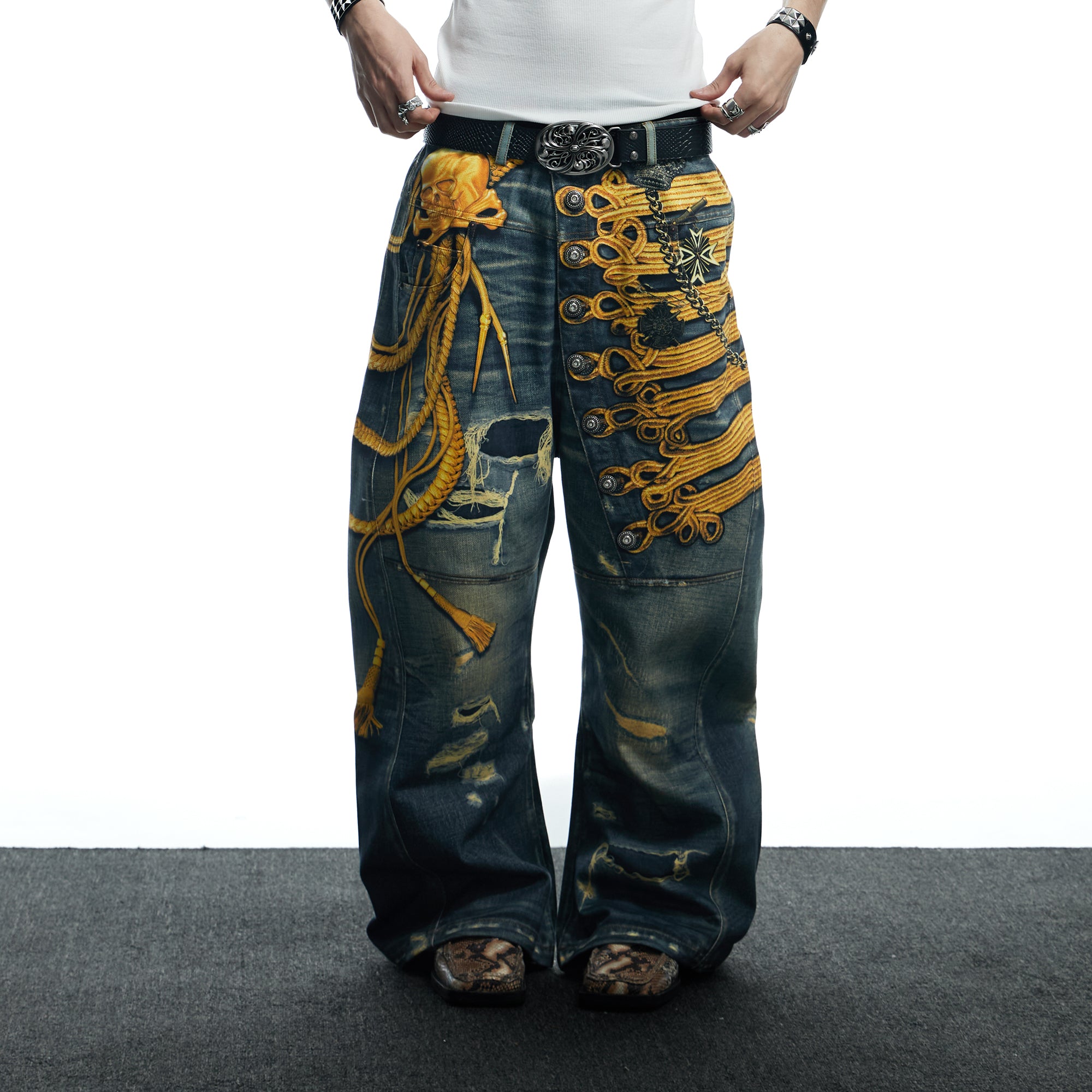DND4DES Regal Braid Graphic Curved-Leg Baggy Jeans, premium urban and streetwear designers apparel on PROJECTISR.com, DND4DES