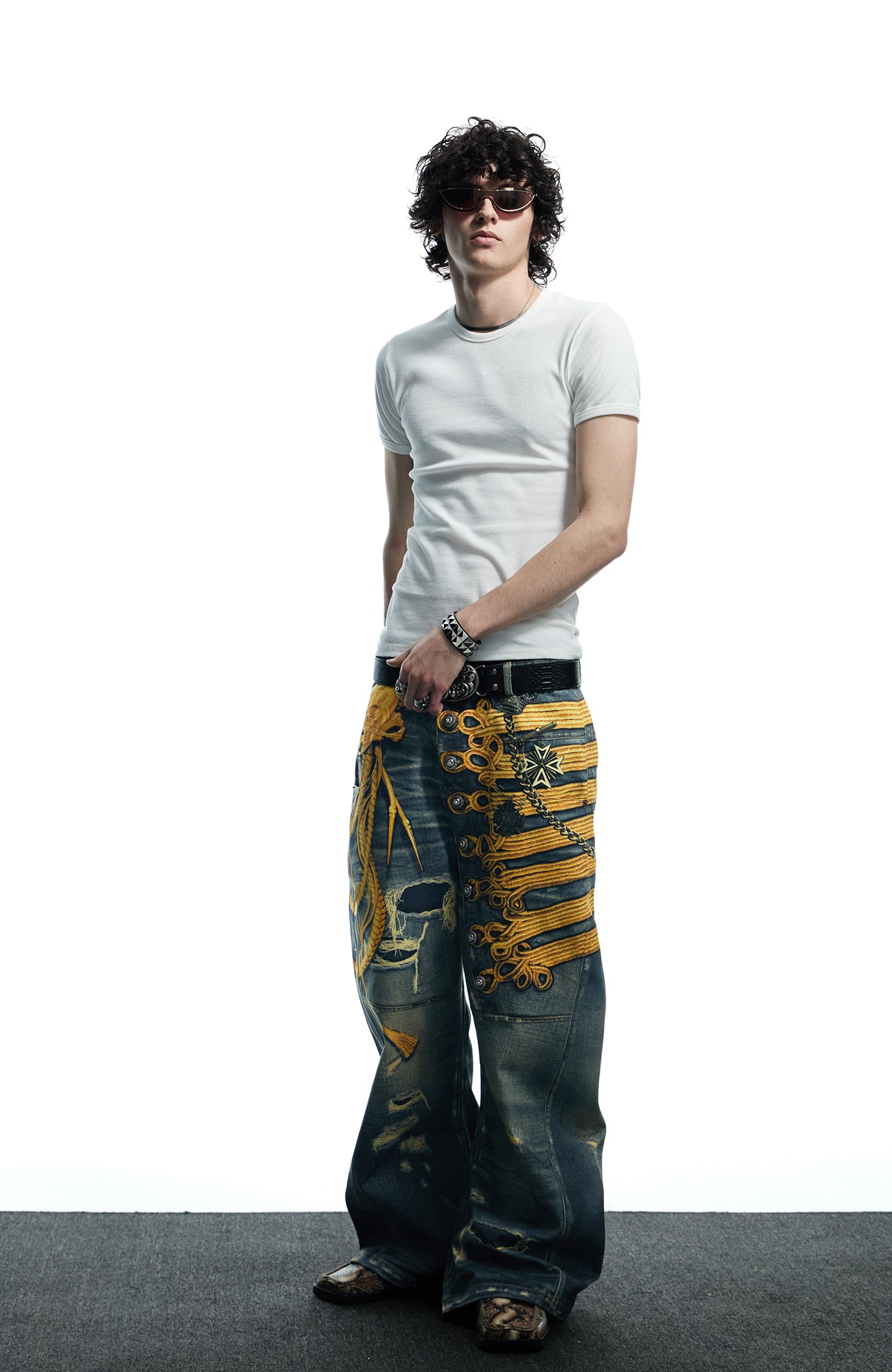 DND4DES Regal Braid Graphic Curved-Leg Baggy Jeans, premium urban and streetwear designers apparel on PROJECTISR.com, DND4DES