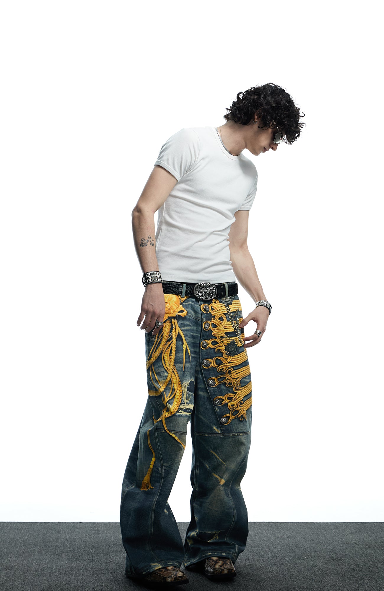 DND4DES Regal Braid Graphic Curved-Leg Baggy Jeans, premium urban and streetwear designers apparel on PROJECTISR.com, DND4DES