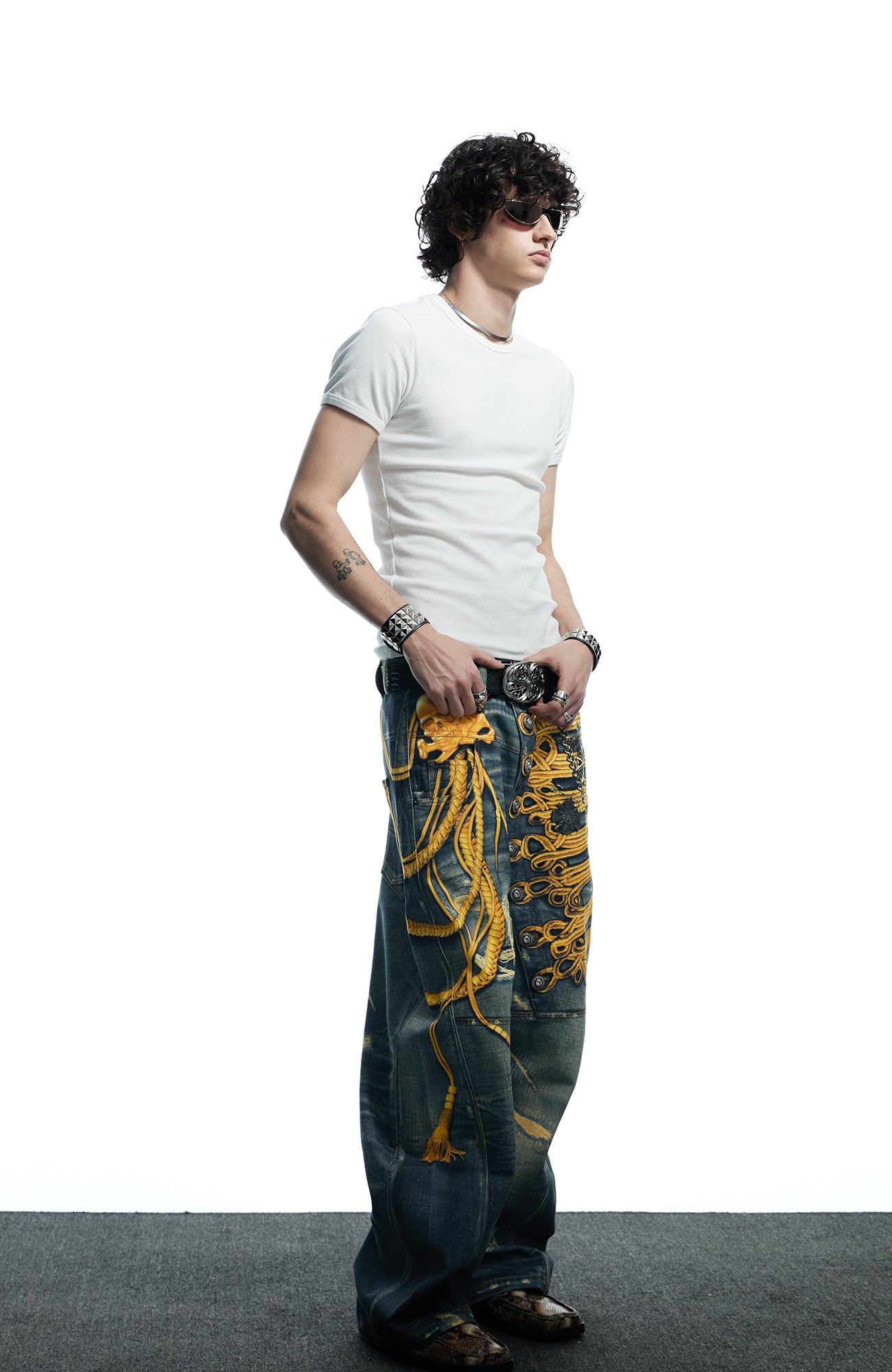 DND4DES Regal Braid Graphic Curved-Leg Baggy Jeans, premium urban and streetwear designers apparel on PROJECTISR.com, DND4DES