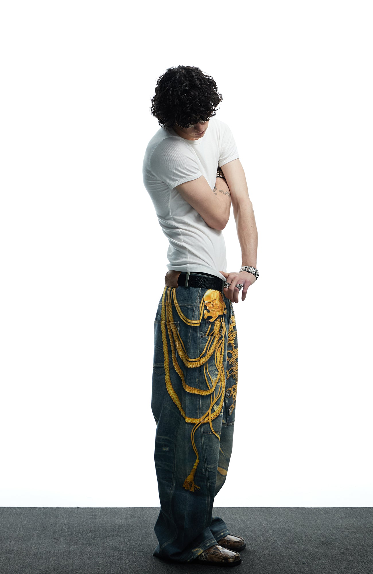 DND4DES Regal Braid Graphic Curved-Leg Baggy Jeans, premium urban and streetwear designers apparel on PROJECTISR.com, DND4DES