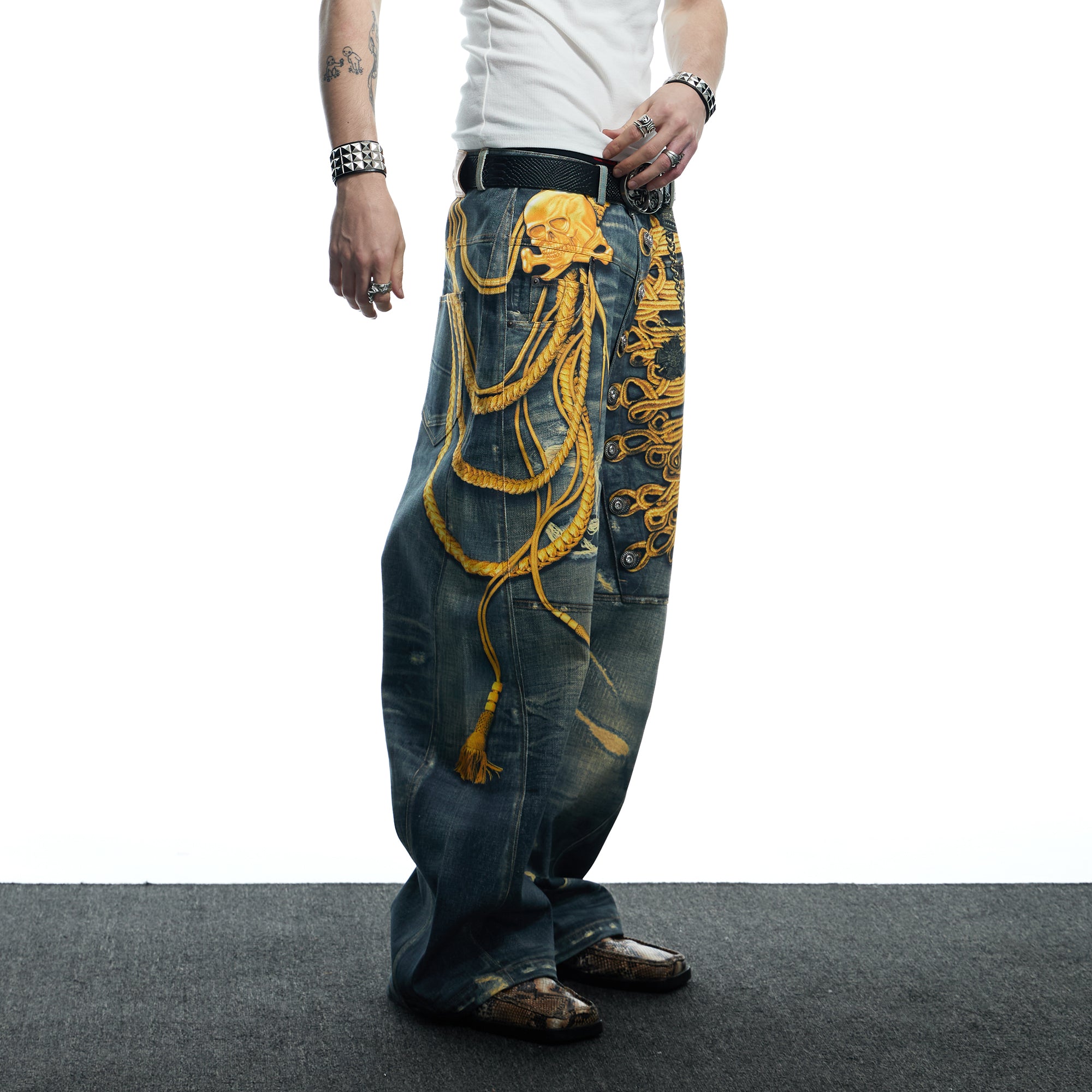DND4DES Regal Braid Graphic Curved-Leg Baggy Jeans, premium urban and streetwear designers apparel on PROJECTISR.com, DND4DES