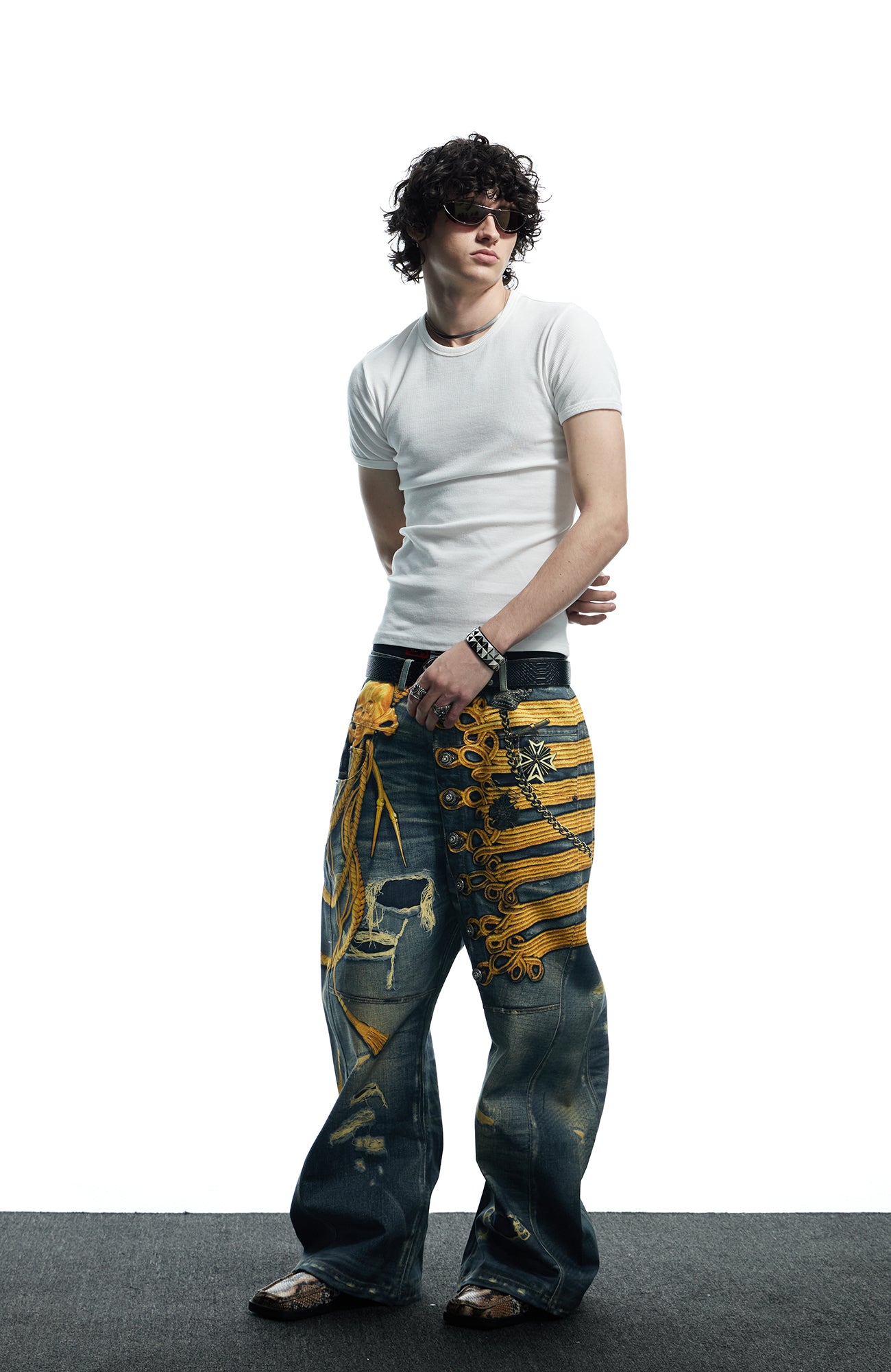 DND4DES Regal Braid Graphic Curved-Leg Baggy Jeans, premium urban and streetwear designers apparel on PROJECTISR.com, DND4DES