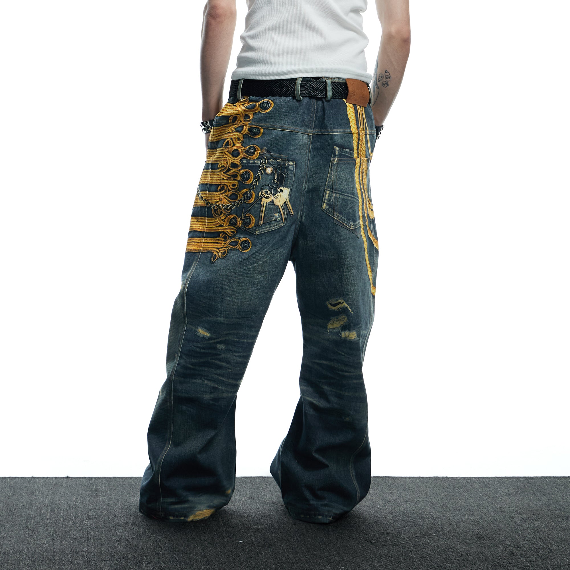 DND4DES Regal Braid Graphic Curved-Leg Baggy Jeans, premium urban and streetwear designers apparel on PROJECTISR.com, DND4DES