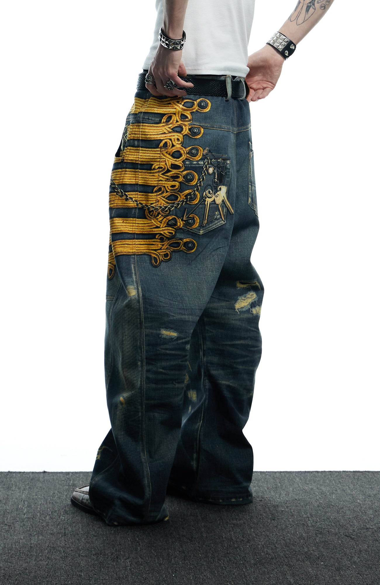 DND4DES Regal Braid Graphic Curved-Leg Baggy Jeans, premium urban and streetwear designers apparel on PROJECTISR.com, DND4DES