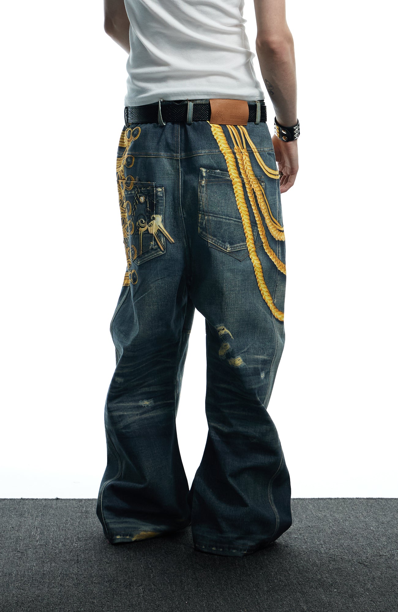 DND4DES Regal Braid Graphic Curved-Leg Baggy Jeans, premium urban and streetwear designers apparel on PROJECTISR.com, DND4DES