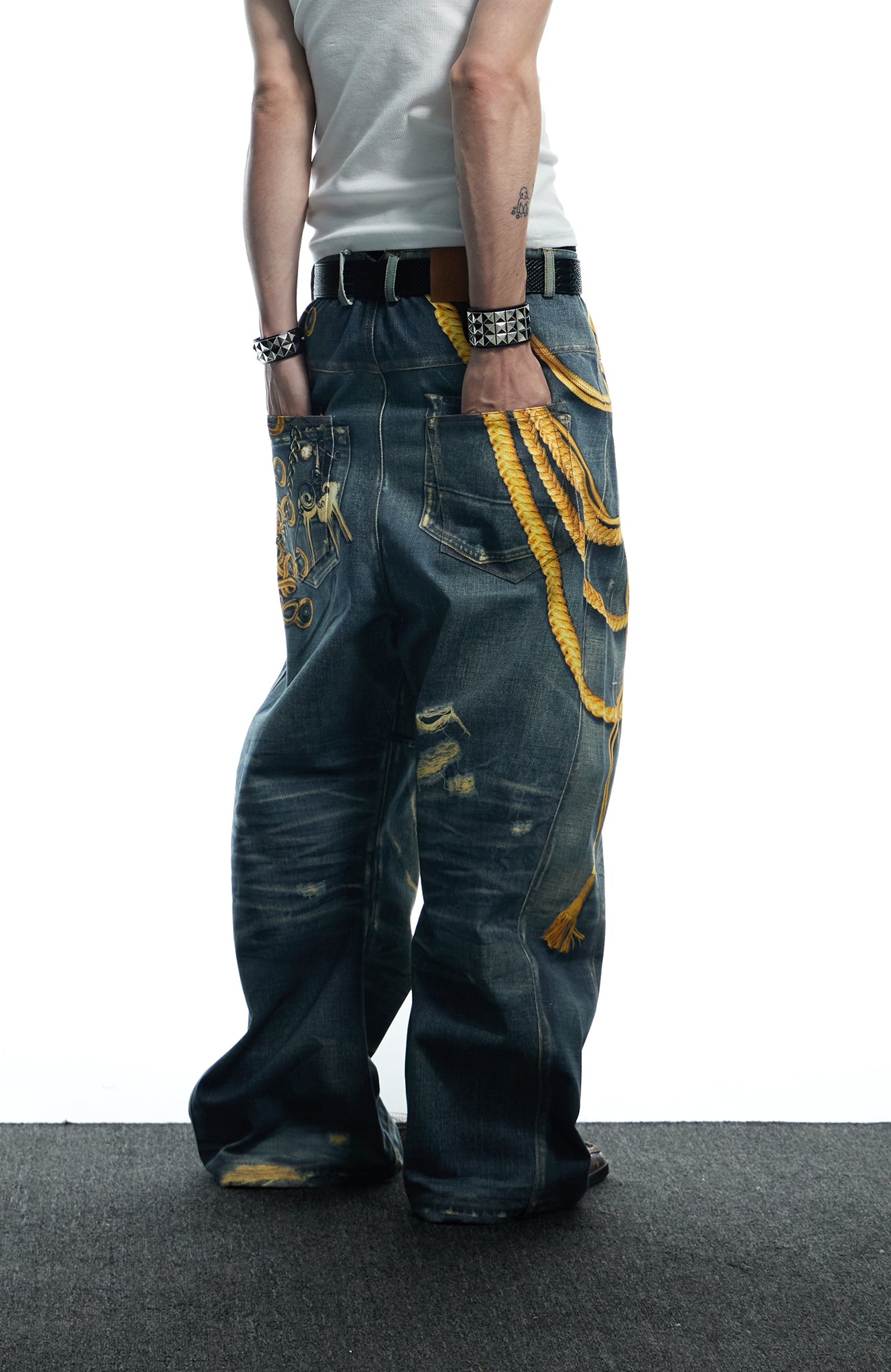 DND4DES Regal Braid Graphic Curved-Leg Baggy Jeans, premium urban and streetwear designers apparel on PROJECTISR.com, DND4DES