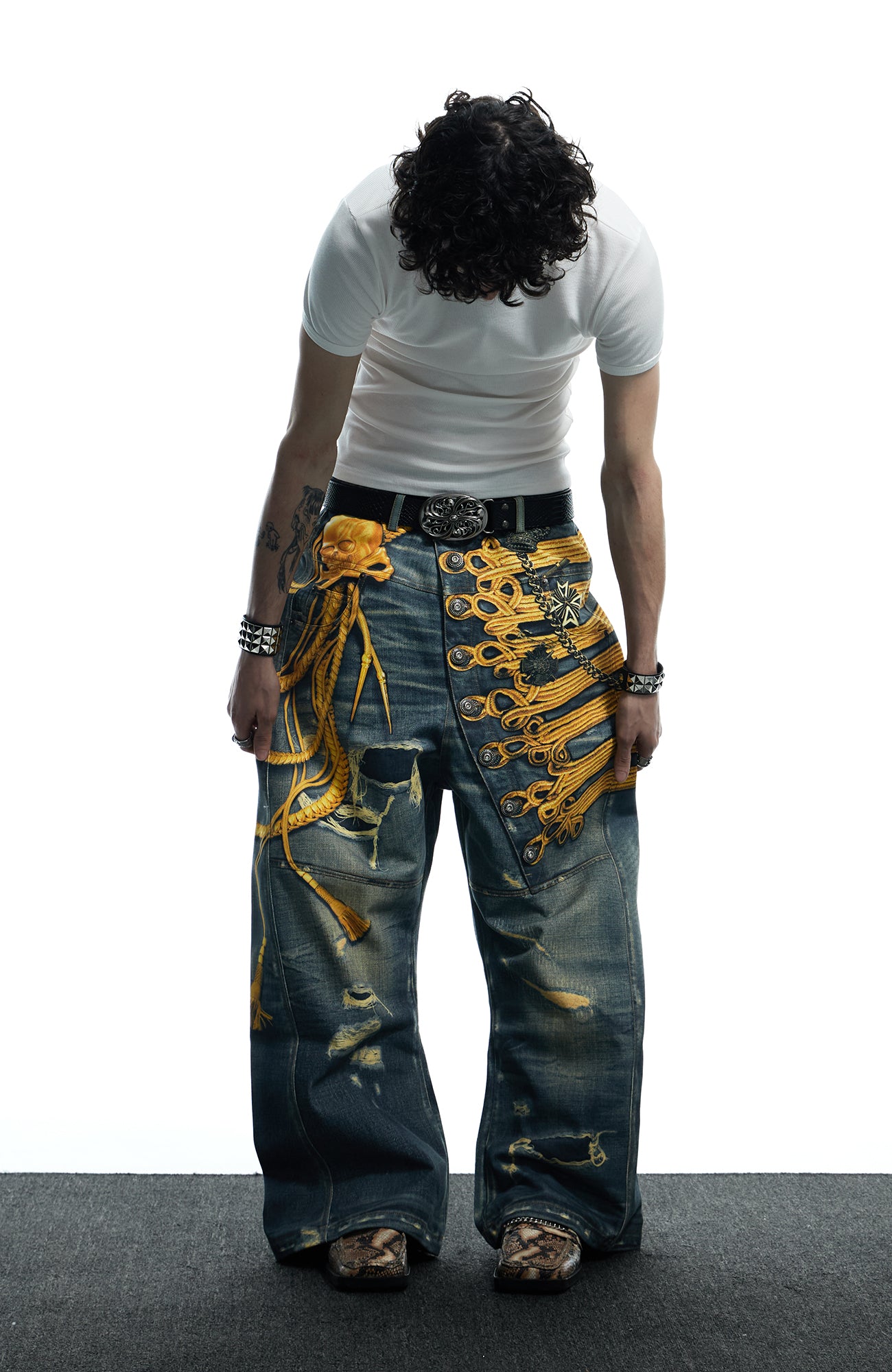 DND4DES Regal Braid Graphic Curved-Leg Baggy Jeans, premium urban and streetwear designers apparel on PROJECTISR.com, DND4DES