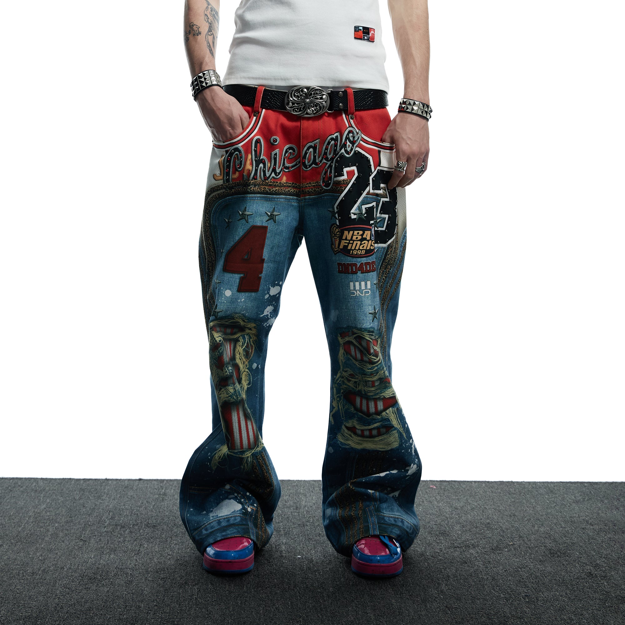 DND4DES Chicago Bulls Print Studded Flare Jeans, premium urban and streetwear designers apparel on PROJECTISR.com, DND4DES