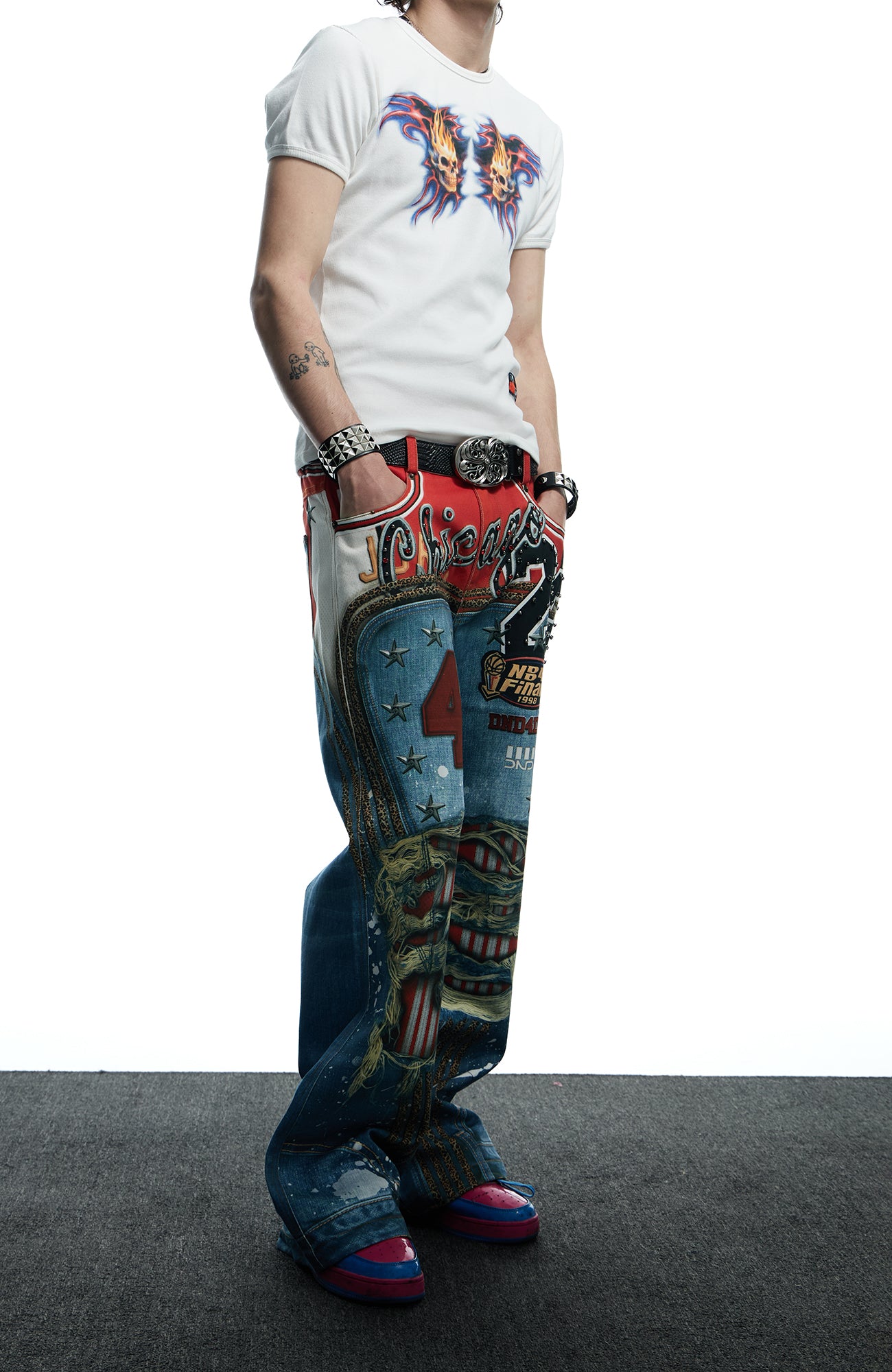 DND4DES Chicago Bulls Print Studded Flare Jeans, premium urban and streetwear designers apparel on PROJECTISR.com, DND4DES