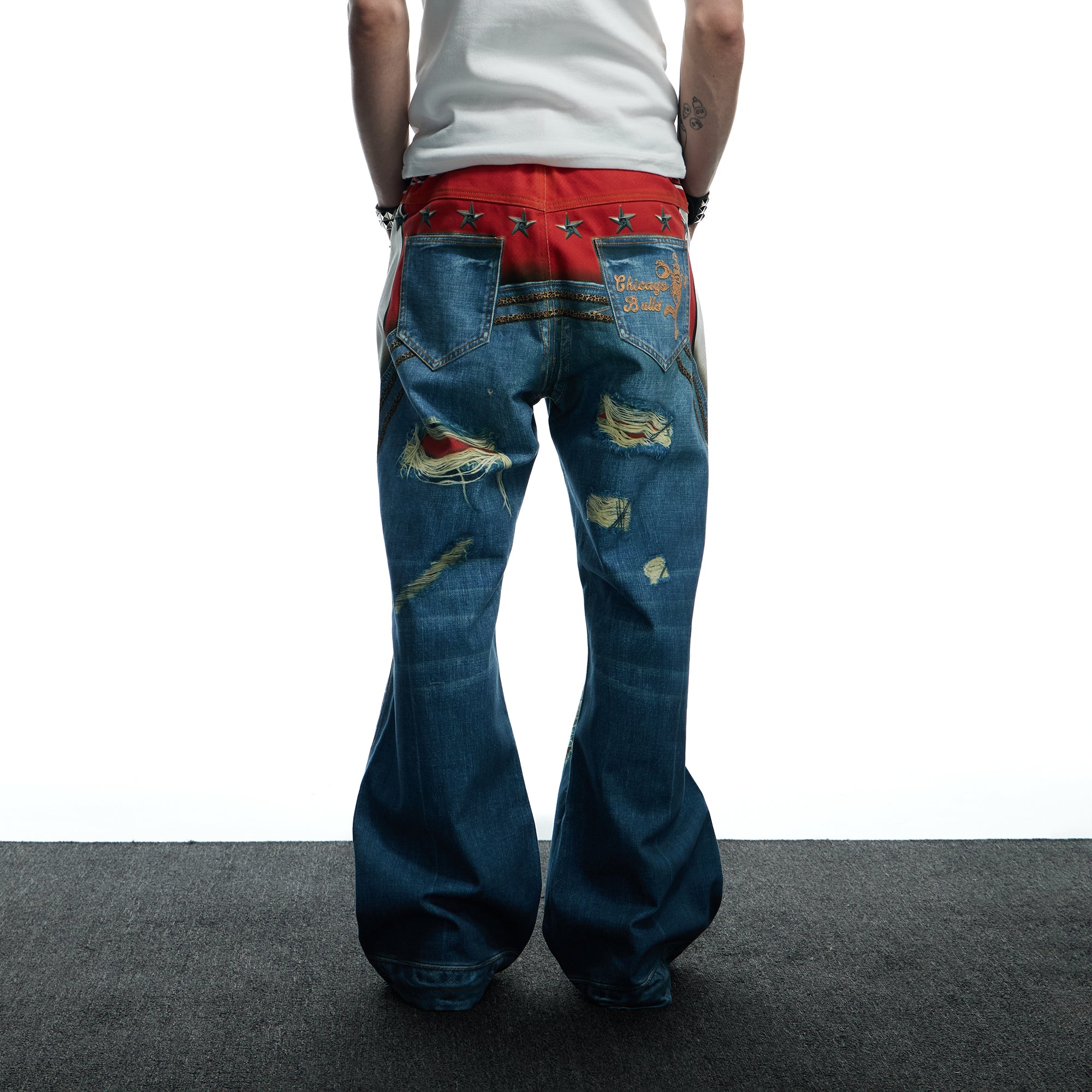 DND4DES Chicago Bulls Print Studded Flare Jeans, premium urban and streetwear designers apparel on PROJECTISR.com, DND4DES
