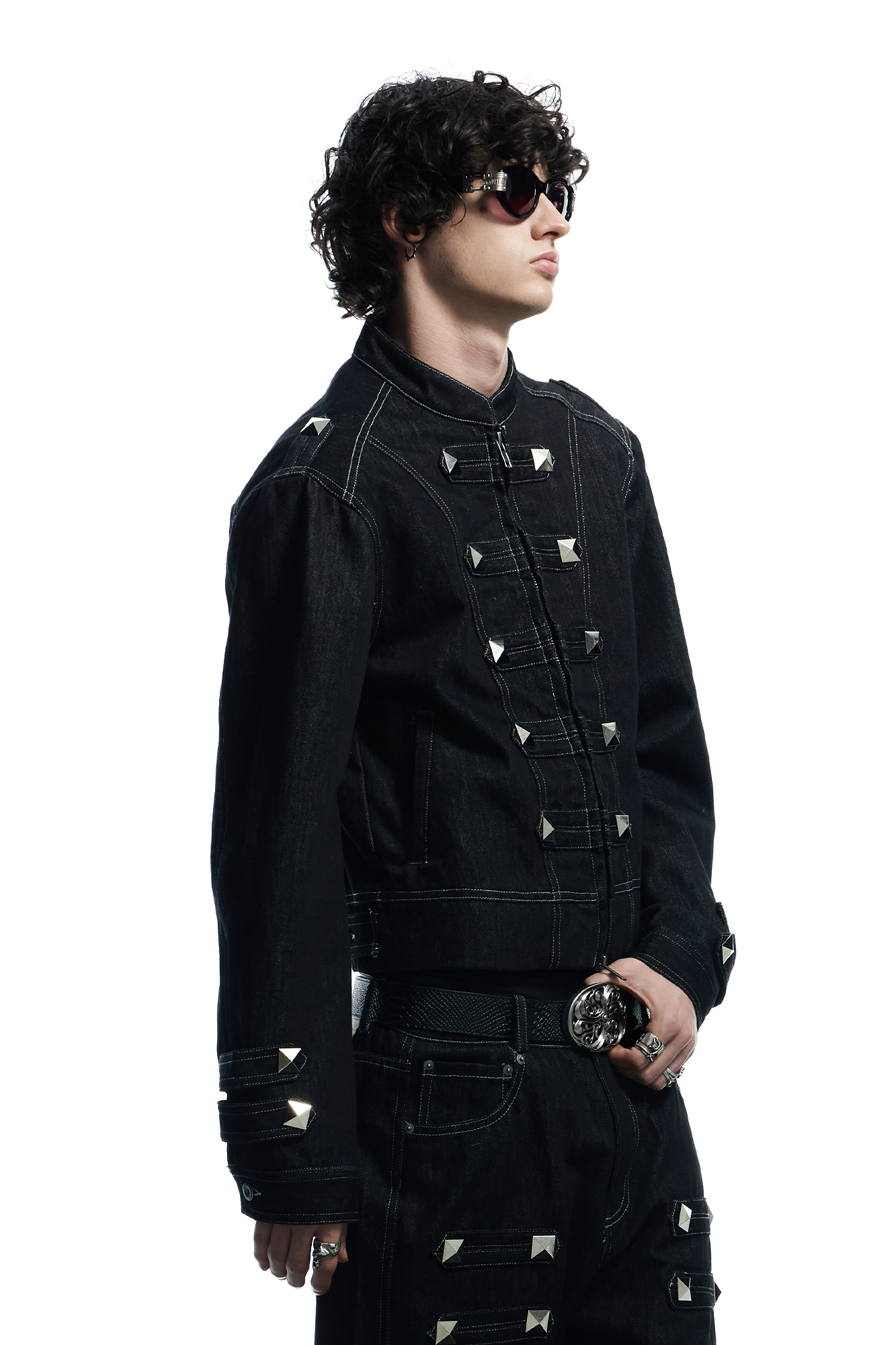 DND4DES Studded Stand Collar Raw Denim Jacket, premium urban and streetwear designers apparel on PROJECTISR.com, DND4DES