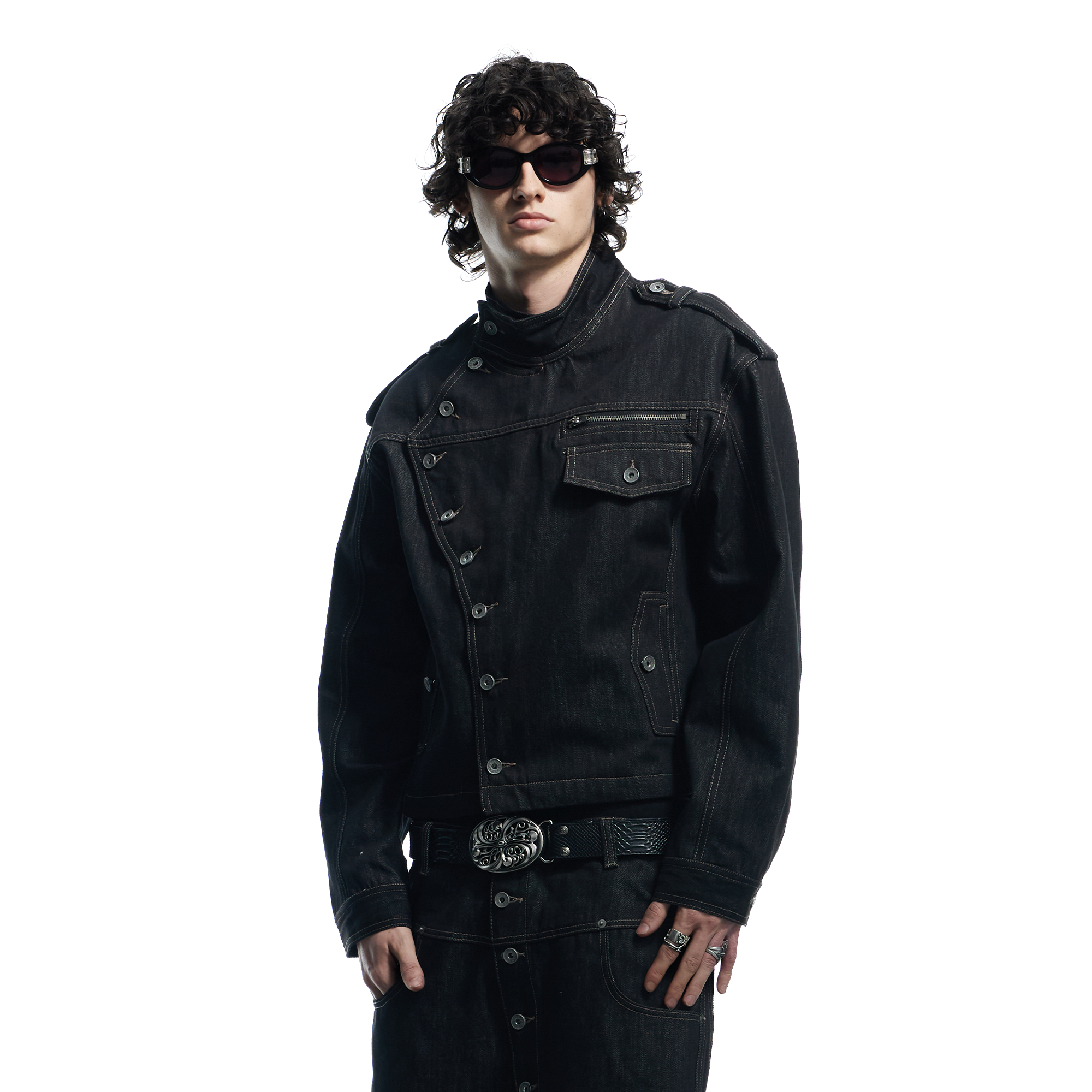 DND4DES Asymmetric Button Stand Collar Raw Denim Jacket, premium urban and streetwear designers apparel on PROJECTISR.com, DND4DES