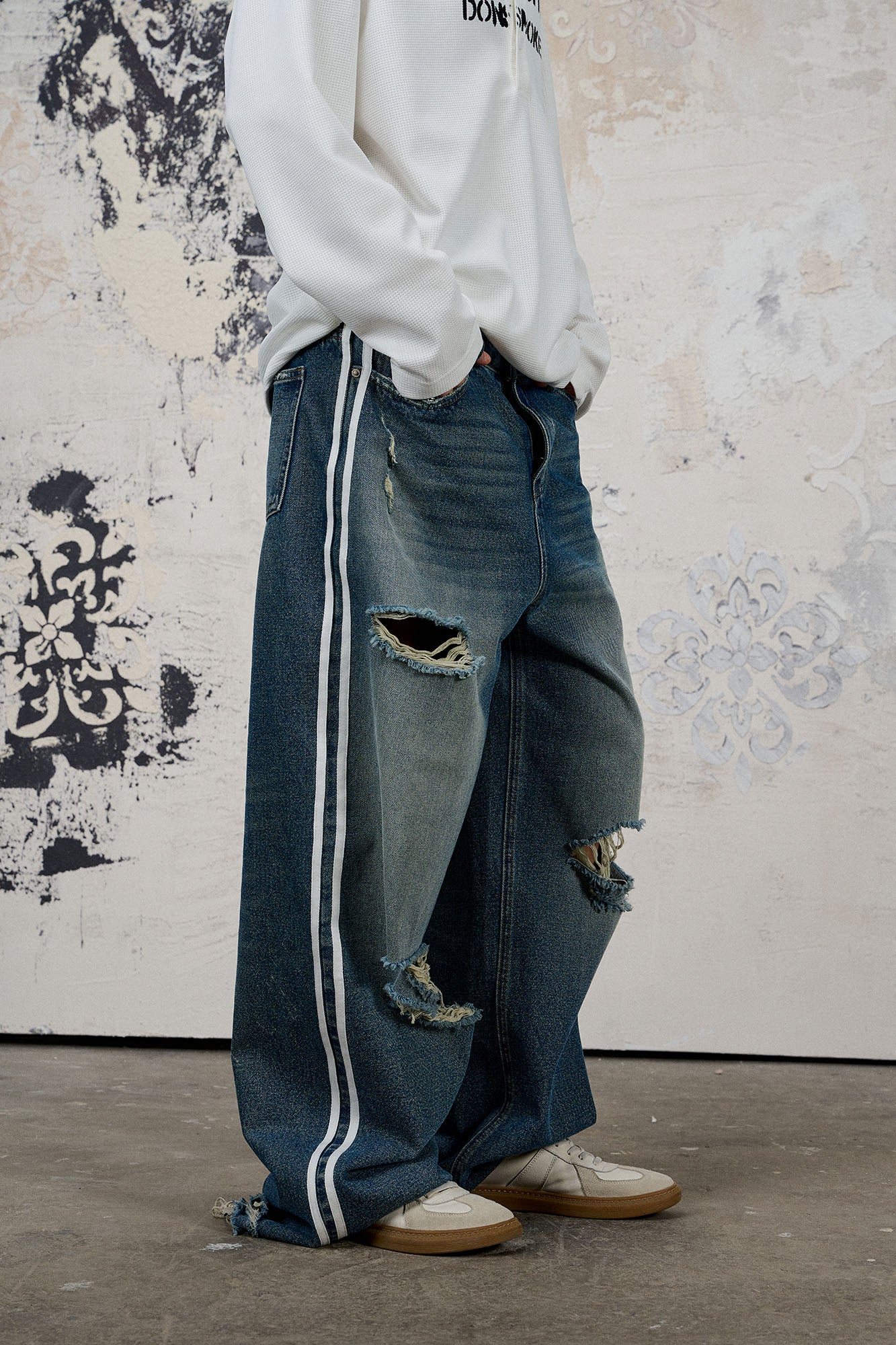 DONSMOKE Ripped Side Stripe Wide-Leg Jeans, premium urban and streetwear designers apparel on PROJECTISR.com, DONSMOKE