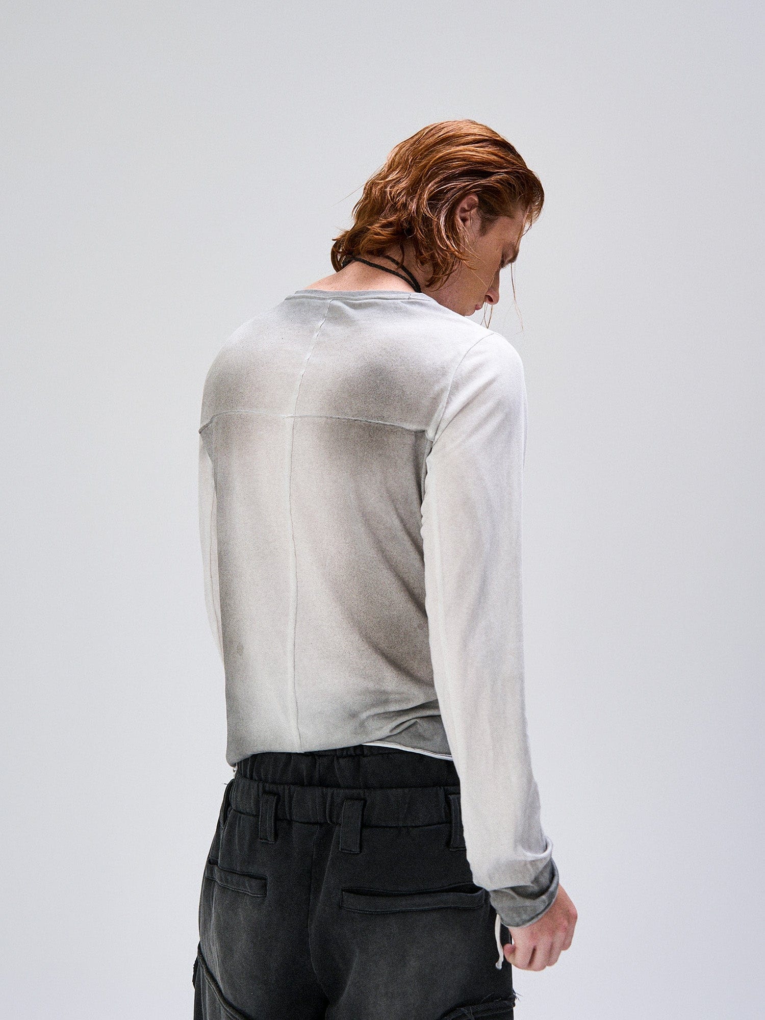 FLYERRER Washed Gradient Cross-Panel Raw-Edge Long-Sleeve Tee, premium urban and streetwear designers apparel on PROJECTISR.com, FLYERRER