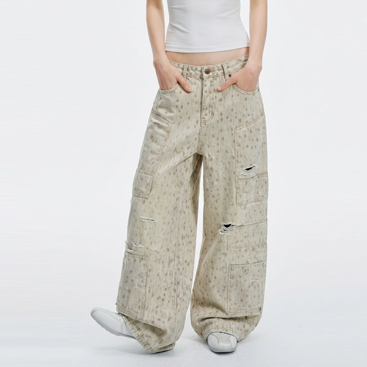 HAHAHA STUDIOS Deer Graphic Washed Distressed Multi-Pocket Jeans — square · front
